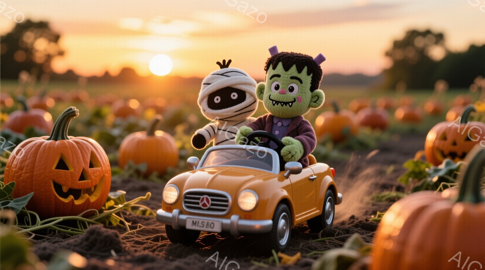 ハロウィーンの装飾がされたカボチャ畑で、ミイラとフランケンシュタインのキャラクターが黄色いオープンカーに乗っています。ミイラは白い包帯で顔を覆い、フランケンシュタインは緑色の肌に黒い髪型で、車を運転しています。背景には、夕焼け空の下、たくさんのカボチャが広がり、ハロウィーンらしい温かく楽しい雰囲気を醸し出しています。