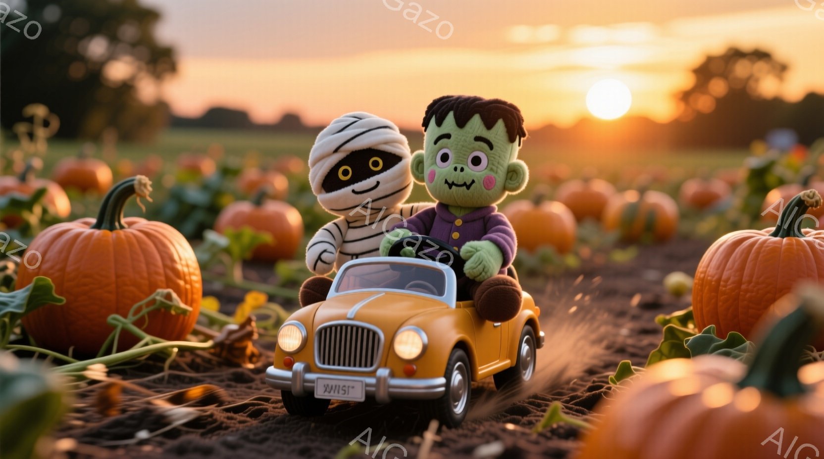 かぼちゃ畑の中を、ミイラとフランケンシュタインのぬいぐるみが、レトロな黄色い車で運転している様子が描かれています。ミイラは顔を隠し、フランケンシュタインは緑色の肌と黒髪で、運転を楽しんでいる表情をしています。背景には、夕焼け空の下、たくさんの丸いオレンジ色のかぼちゃが広がり、温かく楽しい雰囲気が漂っています。