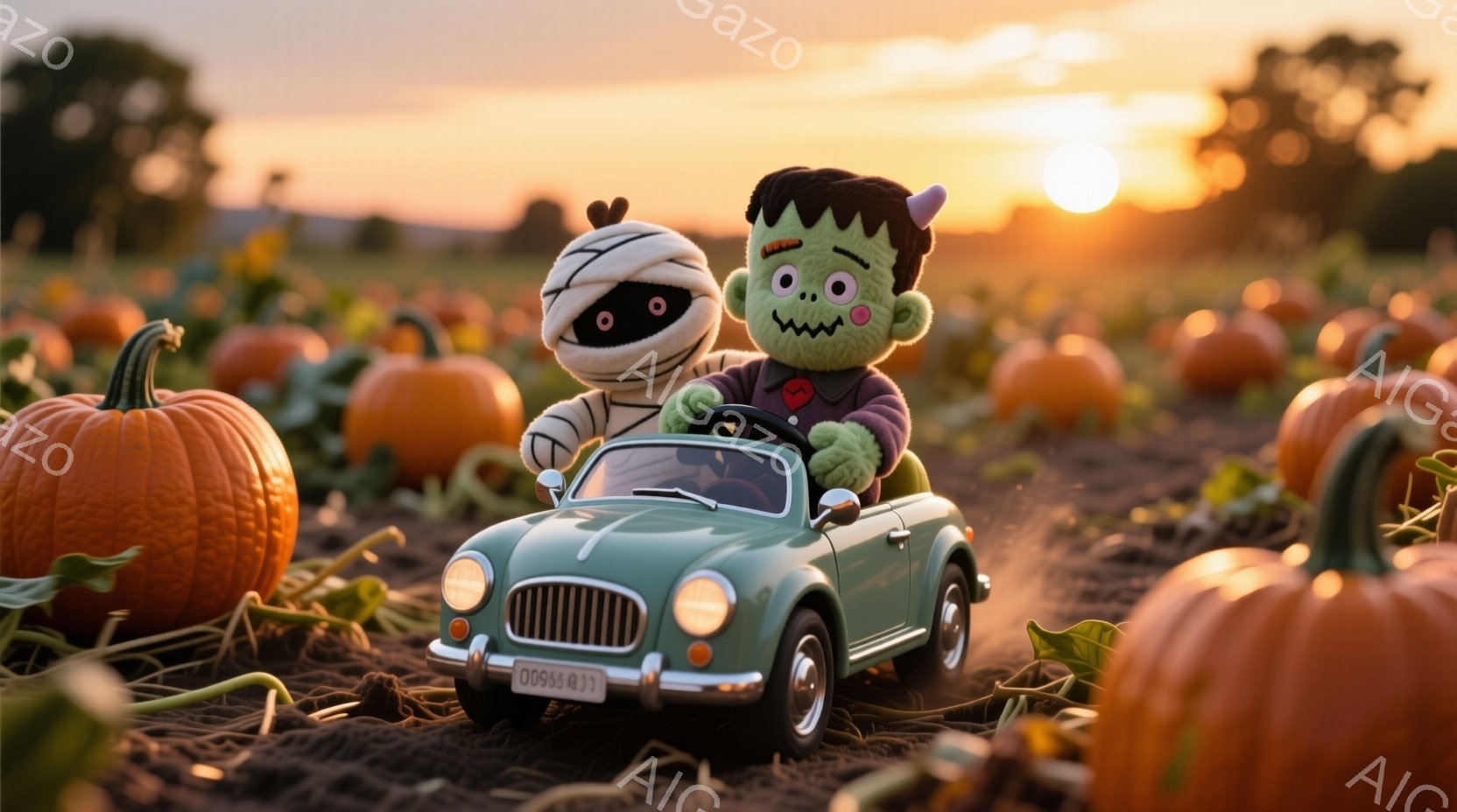 巨大なカボチャ畑の中で、ミイラとフランケンシュタインのぬいぐるみたちが、レトロな緑色の車を運転している様子が描かれています。ミイラは運転席で、フランケンシュタインは助手席で笑顔を見せており、背景には夕焼け空と、広大なカボチャ畑が広がっています。全体的に、秋の暖かく、楽しい雰囲気が漂っています。