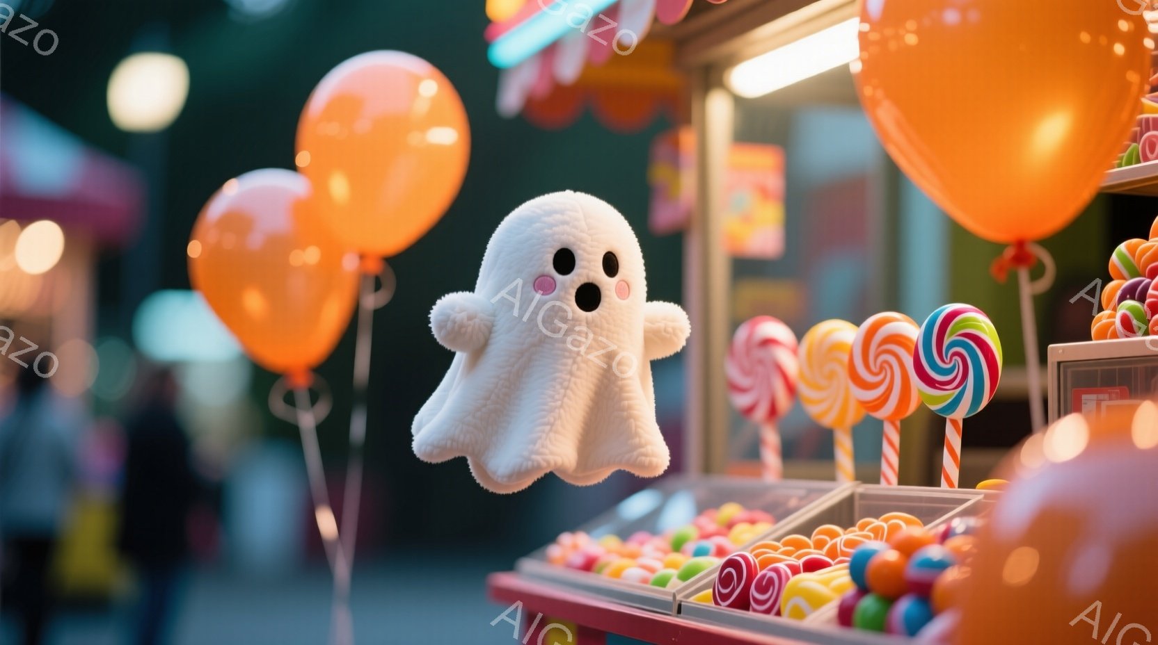 明るいオレンジ色の風船がいくつかあり、その間に白いふわふわとしたお化けのぬいぐるみが浮かんでいます。お化けは丸い目と口で愛らしい表情をしています。背景にはキャンディやロリポップが並んだお店があり、賑やかなお祭りの雰囲気が漂っています。