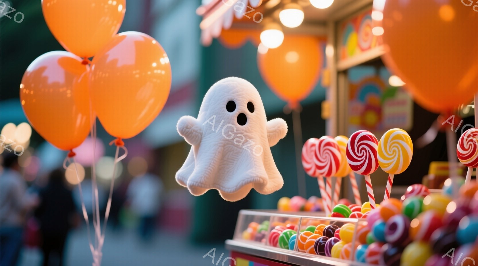 オレンジ色の風船とキャンディが並ぶ屋台が写っています。ふわふわとした白いお化けのぬいぐるみが風船の間に浮かび、可愛らしい印象を与えます。背景にはぼんやりと人影が見え、お祭りのような賑やかな雰囲気が漂っています。