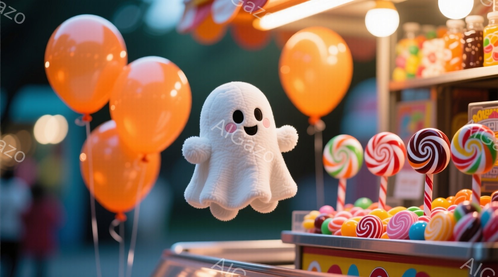 白いふわふわした幽霊のぬいぐるみが、オレンジ色の風船に囲まれて、お菓子の屋台の前に浮かんでいます。屋台には、カラフルなキャンディやロリポップが並び、後ろにはぼんやりと人影が見えます。暖色系の照明とカラフルなキャンディが、ハロウィンの楽しげで甘い雰囲気を醸し出しています。