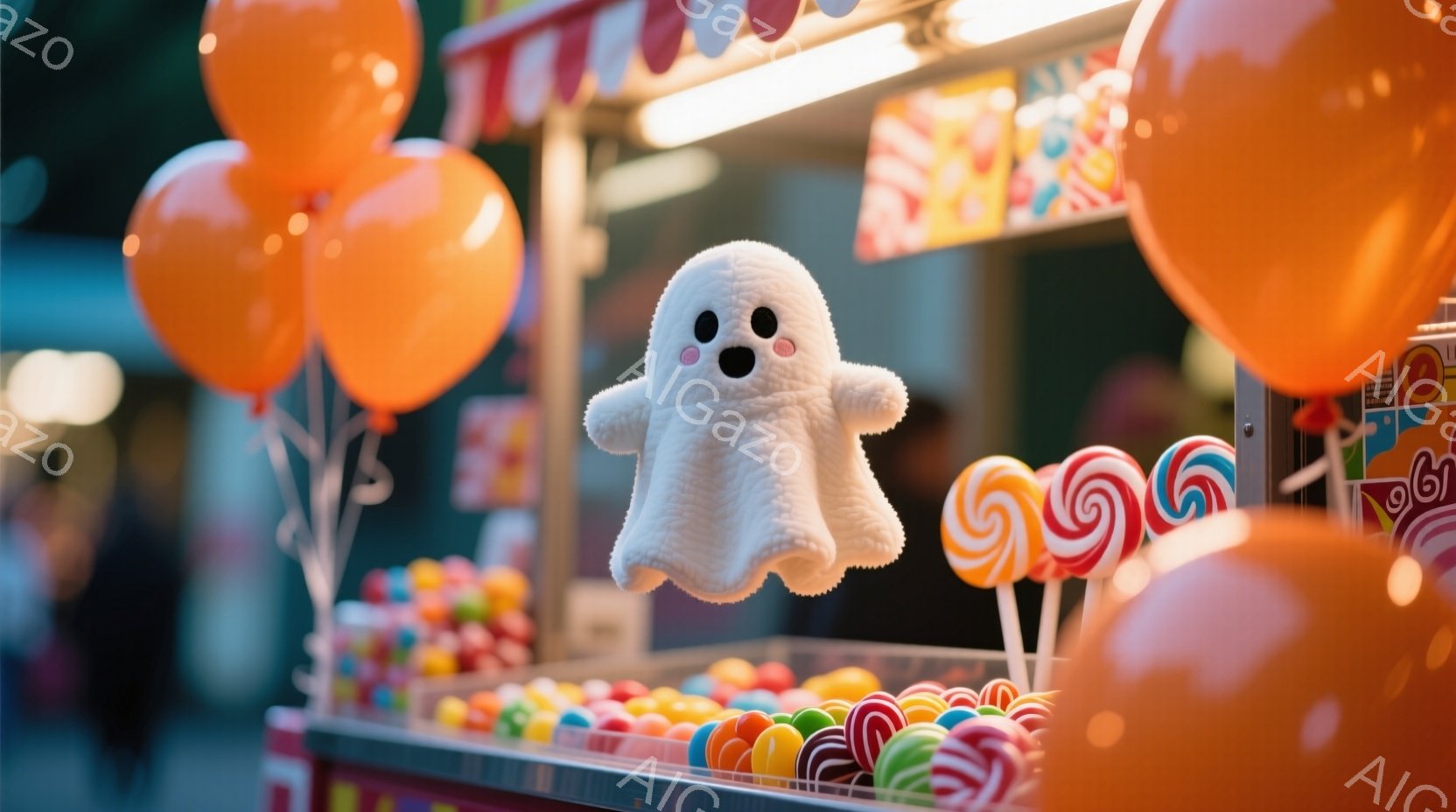 キャンディが並んだ屋台の上部に、白い可愛らしいお化けのぬいぐるみが飾られています。背景には、カラフルなキャンディが積み上げられ、オレンジ色の風船が左右に浮かんでいます。全体的に、お祭りやイベントの楽しい雰囲気が伝わってきます。
