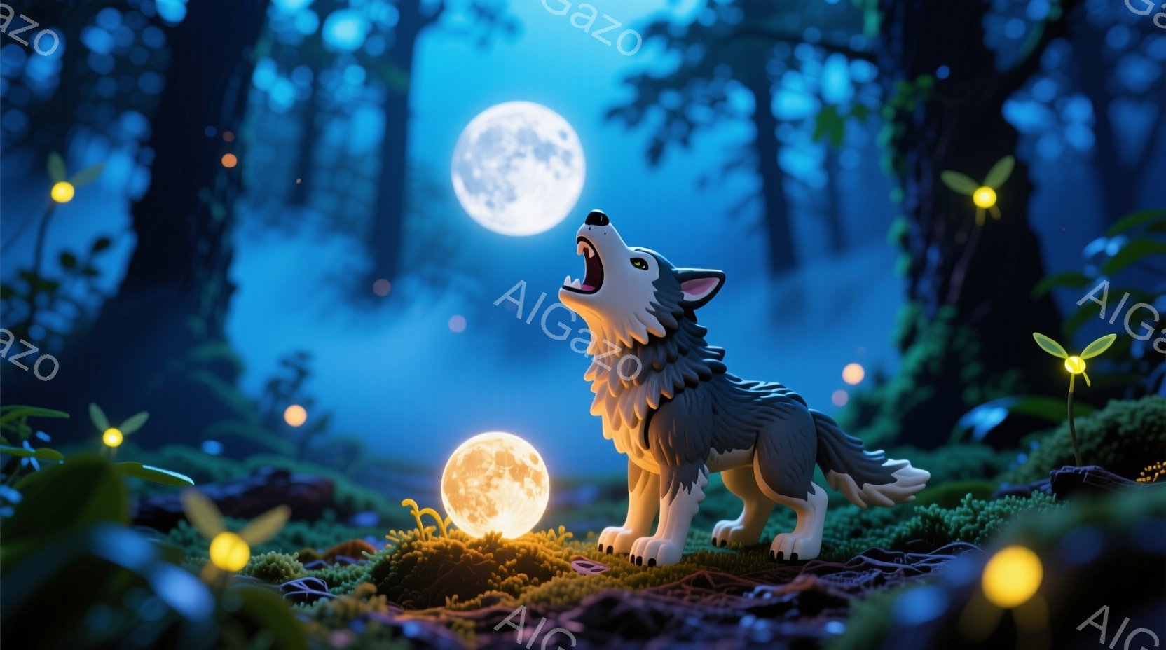 灰色の狼が月明かりの下、口を開けて遠吠えをしています。周囲には緑色の苔が生い茂り、小さな黄色い光る花が点在し、幻想的な雰囲気を醸し出しています。背景には暗い森が広がり、月が明るく輝き、夜の静けさと神秘 - AI生成フリー素材