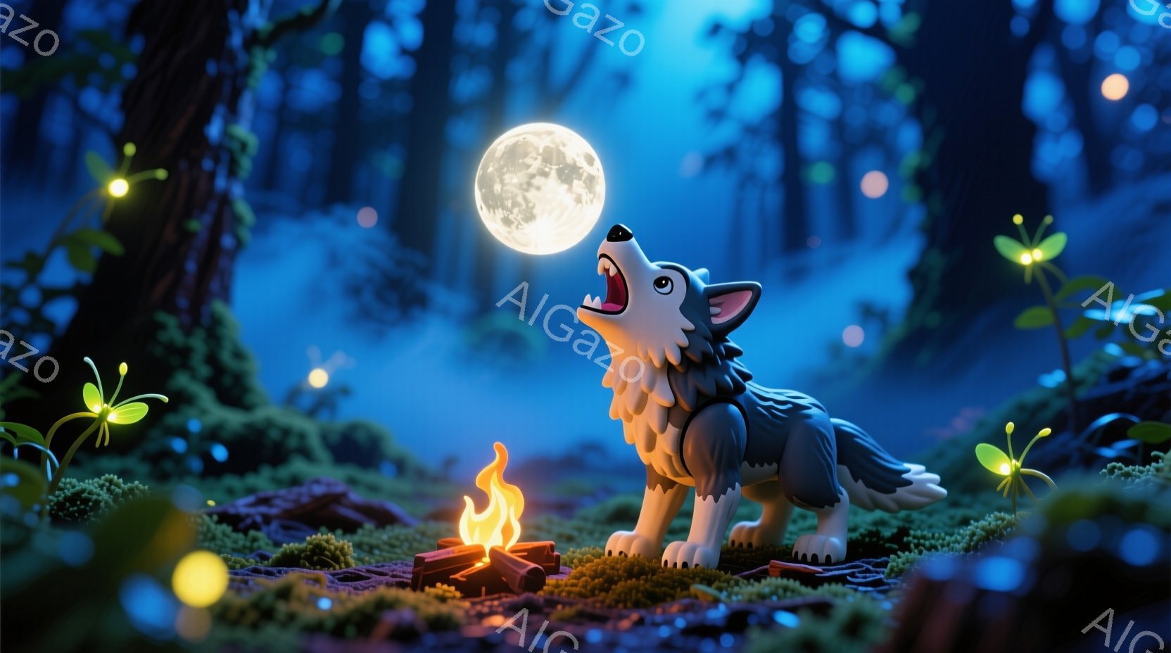 灰色の狼が、緑の苔の上に立ち、月に向かって吠えている様子が描かれています。背景には暗い森が広がり、小さな光る花々や、暖かく輝く焚き火が夜の静けさを照らしています。全体的に神秘的で幻想的な雰囲気が漂い、自然の中に生きる狼の力強さと夜の美しさが表現されています。