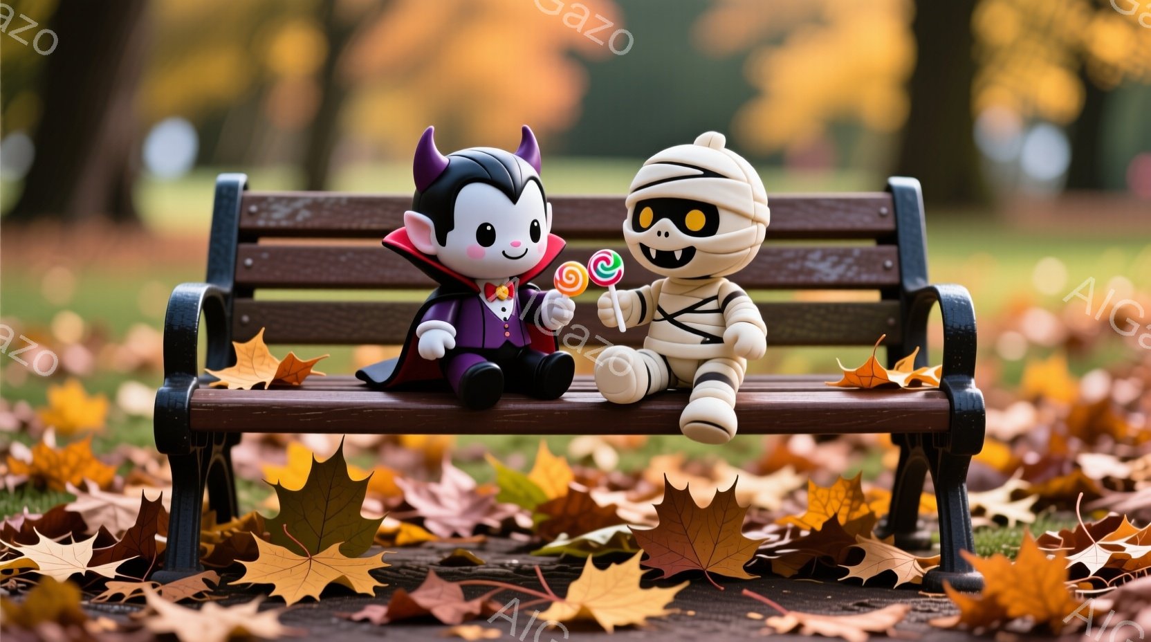 ハロウィーンの衣装を着た可愛らしいキャラクターが公園のベンチに座っています。一つは吸血鬼の衣装を着て、赤色のケープを羽織り、もう一つはミイラの衣装で、それぞれキャンディを持っています。背景には落ち葉が散らばり、秋の穏やかな雰囲気が漂っています。