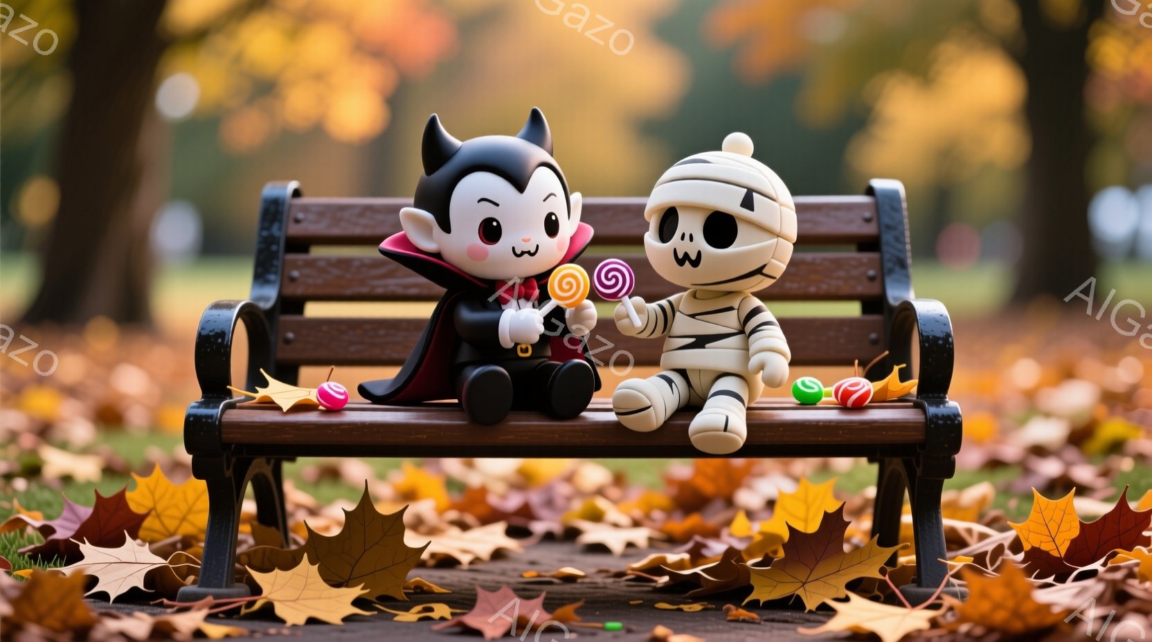 ベンチに座っているのは、ドラキュラとミイラの姿をした可愛らしいキャラクターたちです。ドラキュラは黒い服に赤いケープをまとい、ミイラは包帯でぐるぐる巻きになっています。背景には落ち葉が敷き詰められた公園が広がり、秋の穏やかな雰囲気が漂っています。