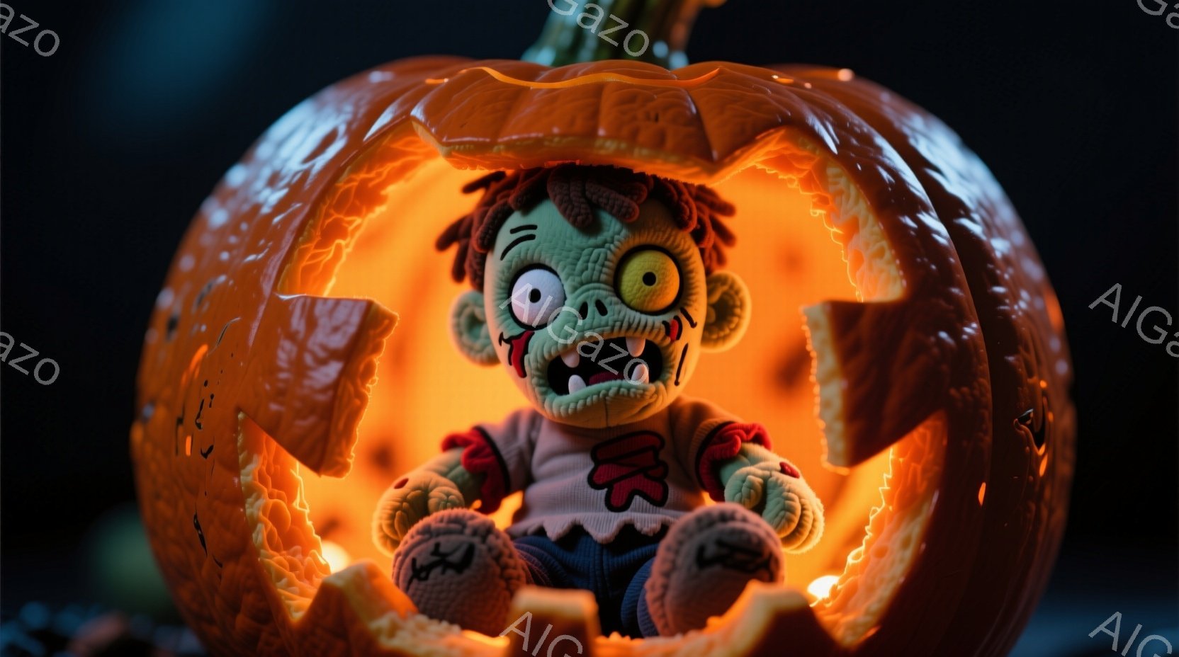 切り開かれたジャック・オ・ランタンの中に、緑色の肌をしたゾンビ風のぬいぐるみのような男の子が座っています。彼は青い縞模様のシャツに、ミイラのような包帯で覆われた足に靴を履いており、少し不気味な笑顔を浮 - AI生成フリー素材