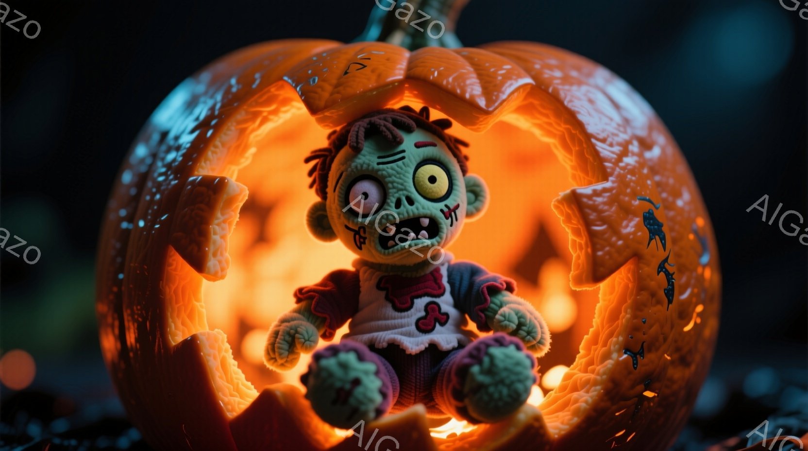 不気味な表情をした小さなゾンビの人形が、中がくり抜かれたオレンジ色のジャック・オー・ランタンの中に座っている。人形は白いセーターと赤いリボンで装飾された襟、そして少しボサボサの茶色の髪をしている。背景 - AI生成フリー素材