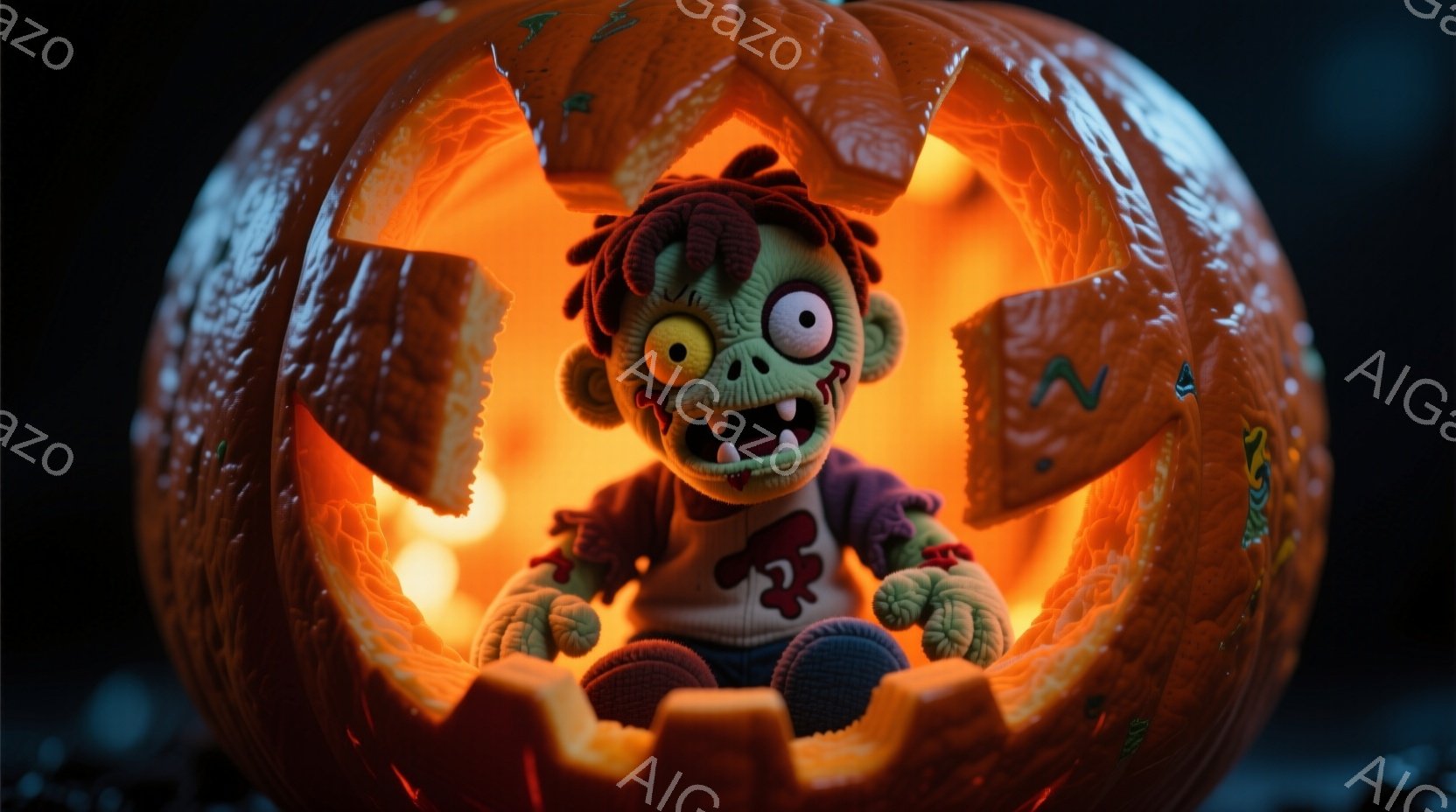 不気味な緑色の肌をしたゾンビのような男の子が、くり抜かれたオレンジ色のカボチャの中に座っています。彼は赤い髪、血の滴るような白いシャツと青いズボンを身につけ、大きく目を見開き、口を開けて不気味な表情をしています。カボチャの内側は鮮やかなオレンジ色に光っており、ハロウィーンの夜を思わせる雰囲気が漂っています。