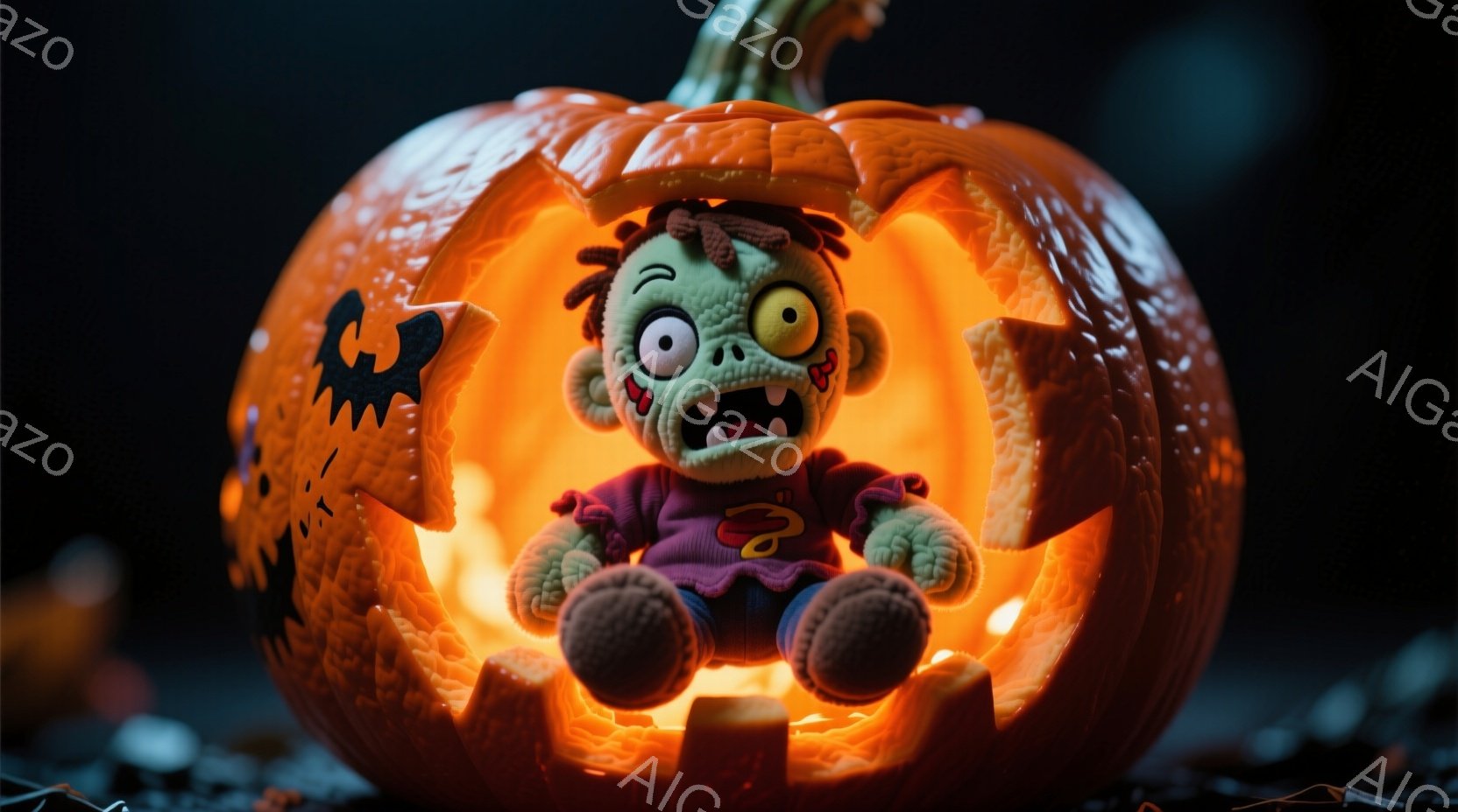 くり抜かれたオレンジ色のカボチャの中に、緑色の肌をしたゾンビ風の人形が座っています。人形は赤いシャツを着ており、髪はボサボサで、目は左右で色が異なり、口を開けて少し不気味な表情をしています。カボチャは内側から明るく光っており、背景は暗く、ハロウィーンの雰囲気を感じさせます。