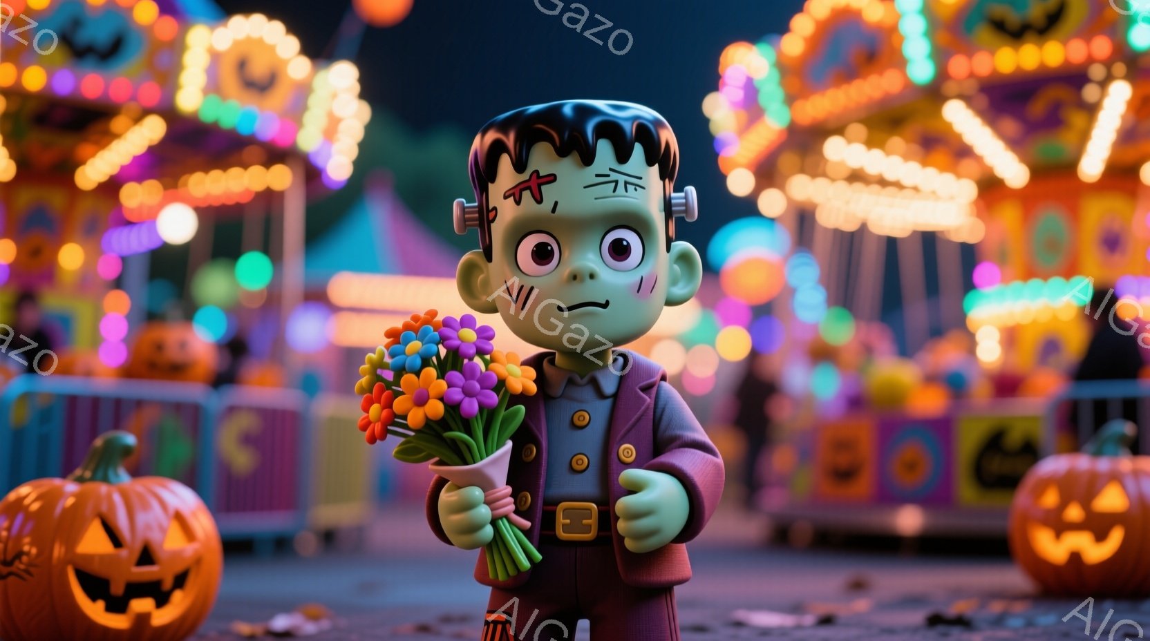 緑色のフランケンシュタインのモンスターが、明るい色の花束を抱えています。彼はダークグリーンのスーツ、黒い髪型、そして縫い目のある顔をしており、やや不機嫌そうな表情を浮かべています。背景には、ハロウィー - AI生成フリー素材