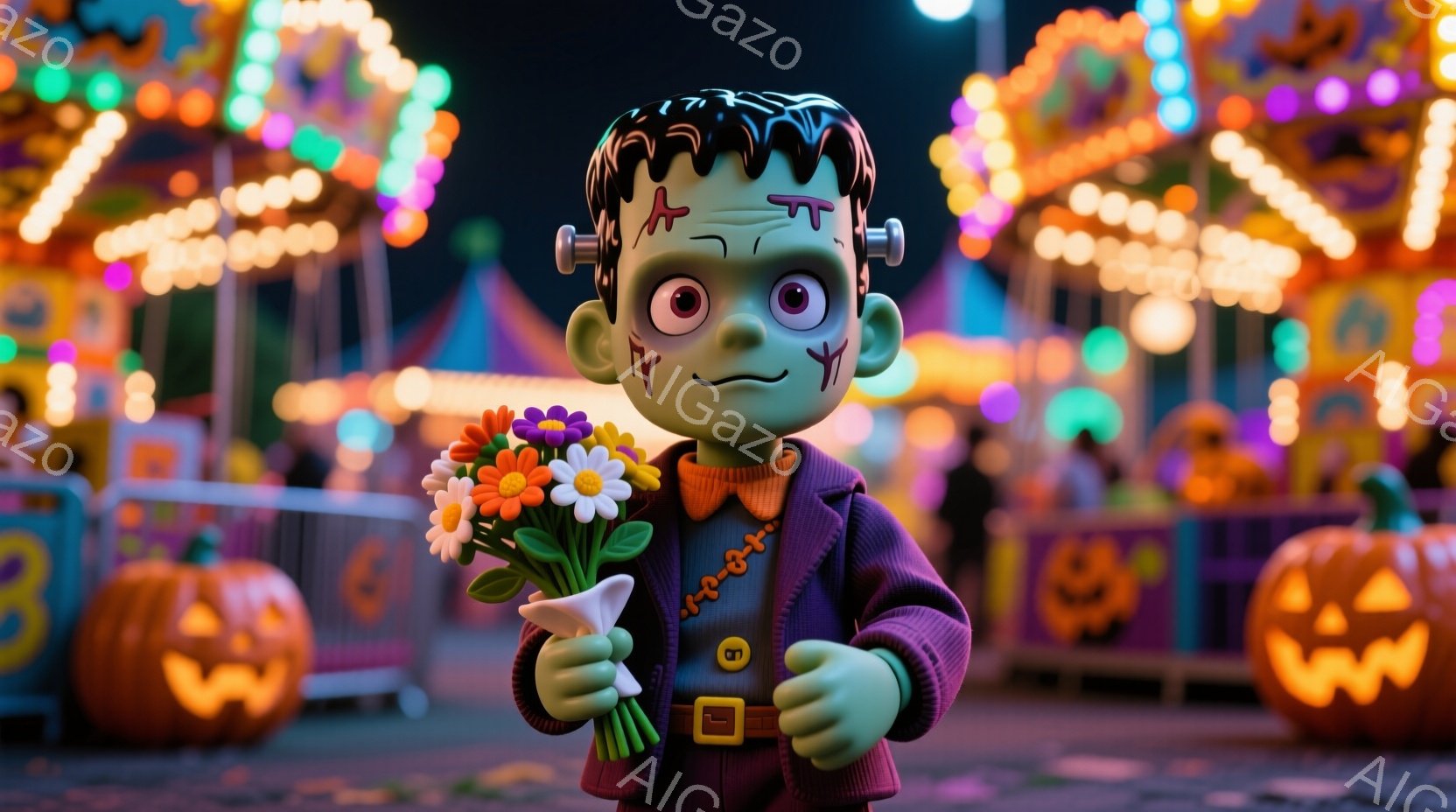 紫色のスーツを着て、首にボルトが突き出たフランクenstein風のキャラクターが、色とりどりの花束を抱えています。彼の表情は穏やかで、どこか愛らしい印象を与えます。背景には、ハロウィーンの装飾が施され - AI生成フリー素材