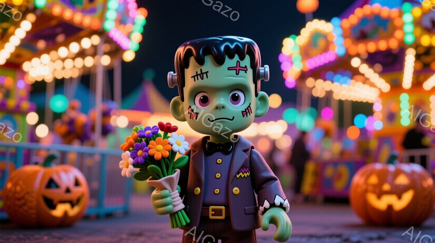 フランケンシュタインの怪物風のキャラクターが、色とりどりの花束を持って立っている様子を描いています。彼は黒いスーツに黄色のボタン、そして緑色の肌と特徴的な髪型をしており、少し微笑んでいるように見えます - AI生成フリー素材