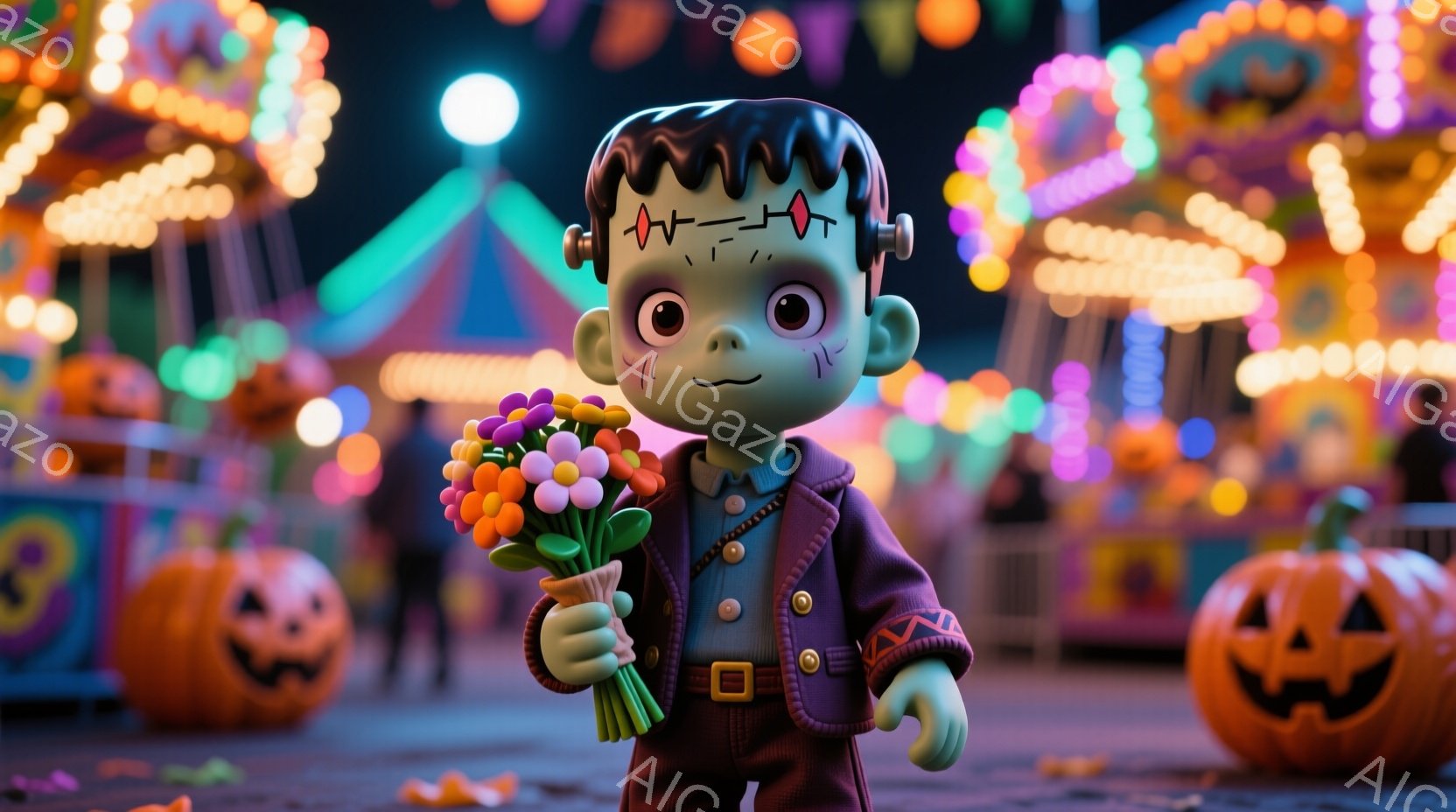 緑色の肌をしたフランケンシュタイン風のキャラクターが、カラフルな花束を抱え、紫色のジャケットとオレンジ色の襟のシャツを着ています。背景には、ハロウィーンの装飾が施された遊園地の乗り物や、ジャック・オー・ランタンが並び、夜の賑やかな雰囲気が漂っています。キャラクターはわずかに微笑み、楽しいハロウィーンの夜を象徴しています。