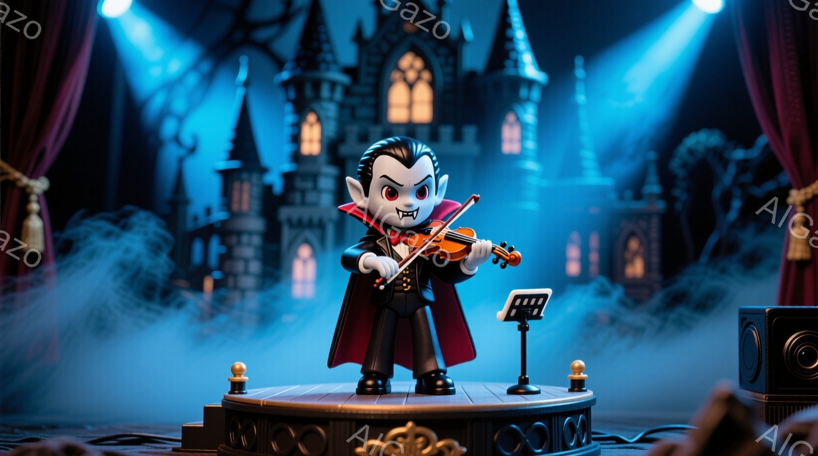 小さなドラキュラが舞台上でバイオリンを演奏している様子を描いています。彼は黒いスーツに赤いマントを羽織り、整った髪型で、楽しそうに演奏に集中しています。背景にはお城、霧、そしてステージを照らすライトが見え、全体的に幻想的で楽しい雰囲気を醸し出しています。