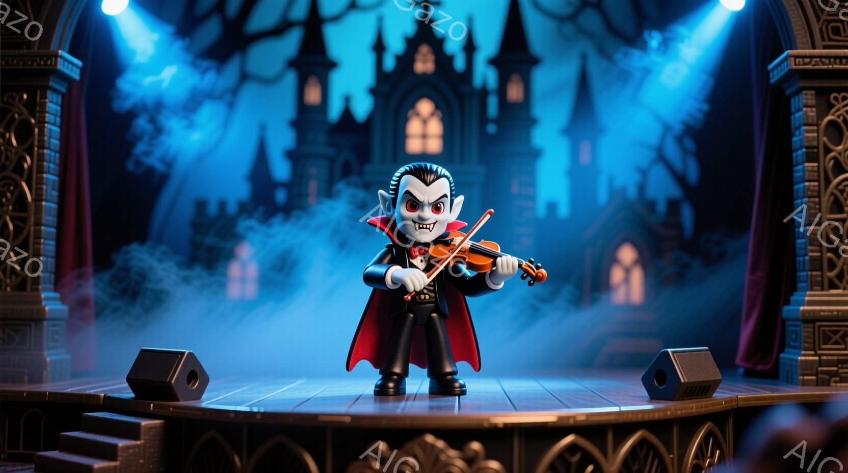 小さな吸血鬼がステージ上でバイオリンを演奏している様子を描いています。吸血鬼は黒いスーツに赤いマントを羽織り、白い襟と髪型が特徴的で、真剣な表情で楽器を演奏しています。背景には霧に包まれたお城と暗い夜空が広がり、ステージ両脇にはスピーカーが設置され、不気味でありながらもどこかコミカルな雰囲気です。