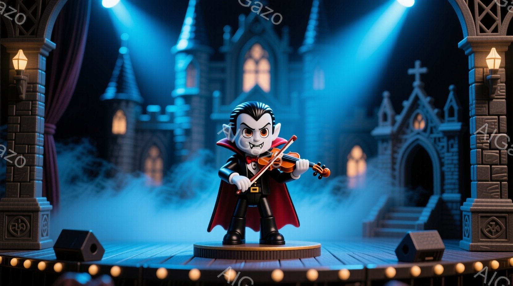 小さな吸血鬼が舞台上でバイオリンを弾いている様子を描いています。彼は黒いスーツに赤いケープをまとい、少し笑みを浮かべた表情で演奏に集中しています。背景には、霧に包まれたお城と、コンサート会場を思わせる照明やスピーカーが配置され、幻想的な雰囲気を作り出しています。