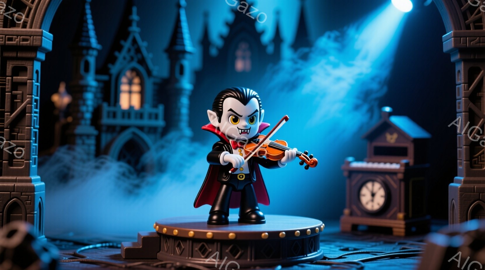 漫画風の吸血鬼がバイオリンを演奏している様子を描いています。吸血鬼は黒いスーツに赤いマントを羽織り、整った髪型で、少しいたずらっぽい表情をしています。背景には、霧に包まれたゴシック様式の建物と、薄暗い夜の風景が広がっており、どこかおとぎ話のような雰囲気を醸し出しています。