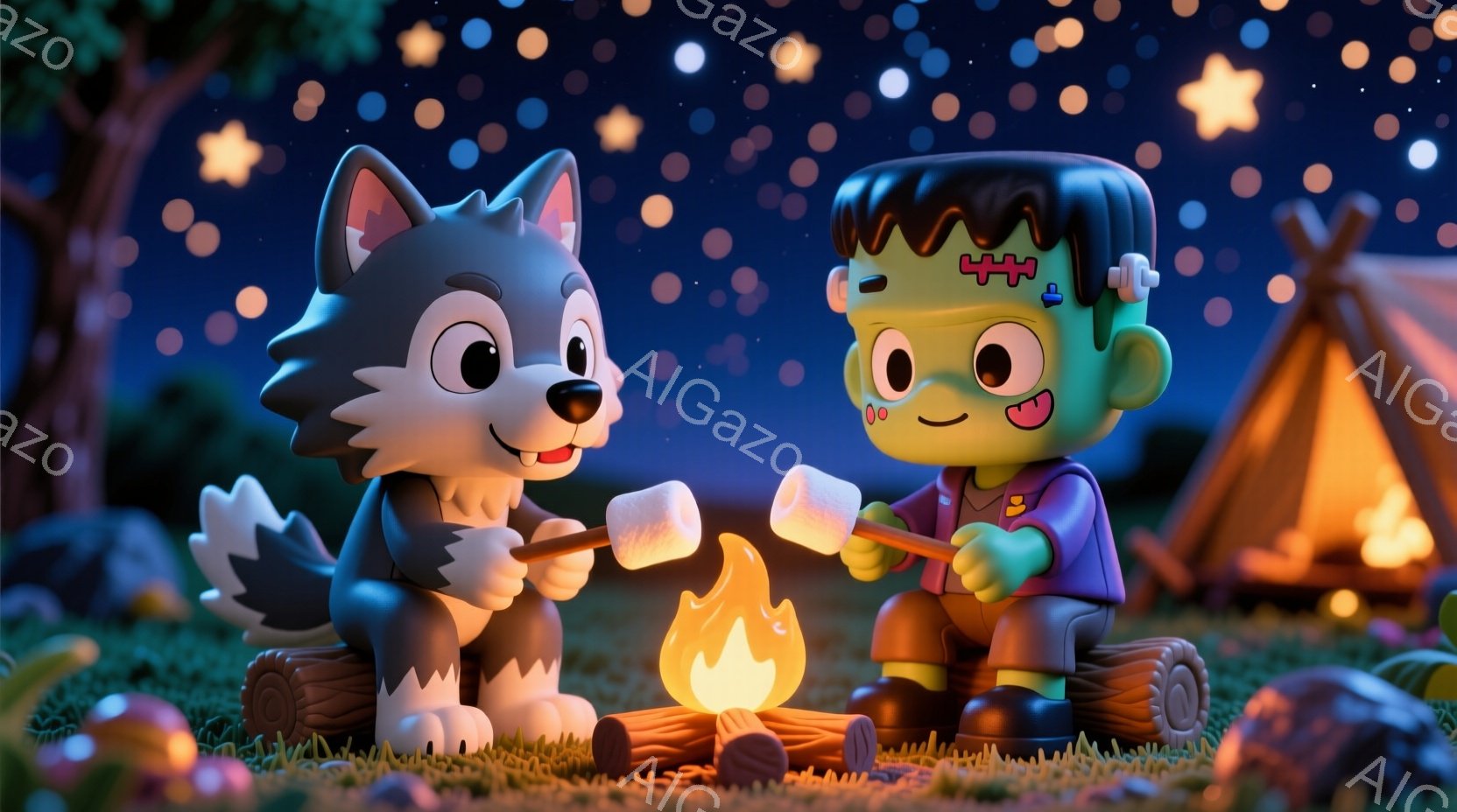 夜のキャンプファイヤーを囲む、かわいらしい狼とフランケンシュタインのキャラクターが描かれています。狼は青い服を着ており、フランケンシュタインは緑色の肌に黒い髪、黄色い服を着ており、両者ともマシュマロを串に刺して楽しんでいます。背景にはテントと木々が描かれ、星空が広がり、温かく穏やかな雰囲気が漂っています。