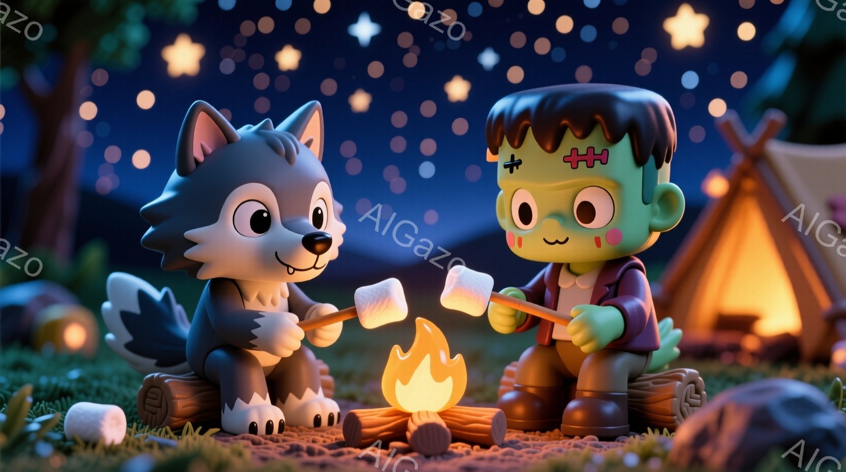 狼とフランケンシュタインのモンスターがキャンプファイヤーを囲んでいる。狼は青い服を着て、棒にマシュマロを刺し、微笑んでいる。背景にはテントと星空が広がり、暖かく親しみやすい雰囲気を作り出している。
