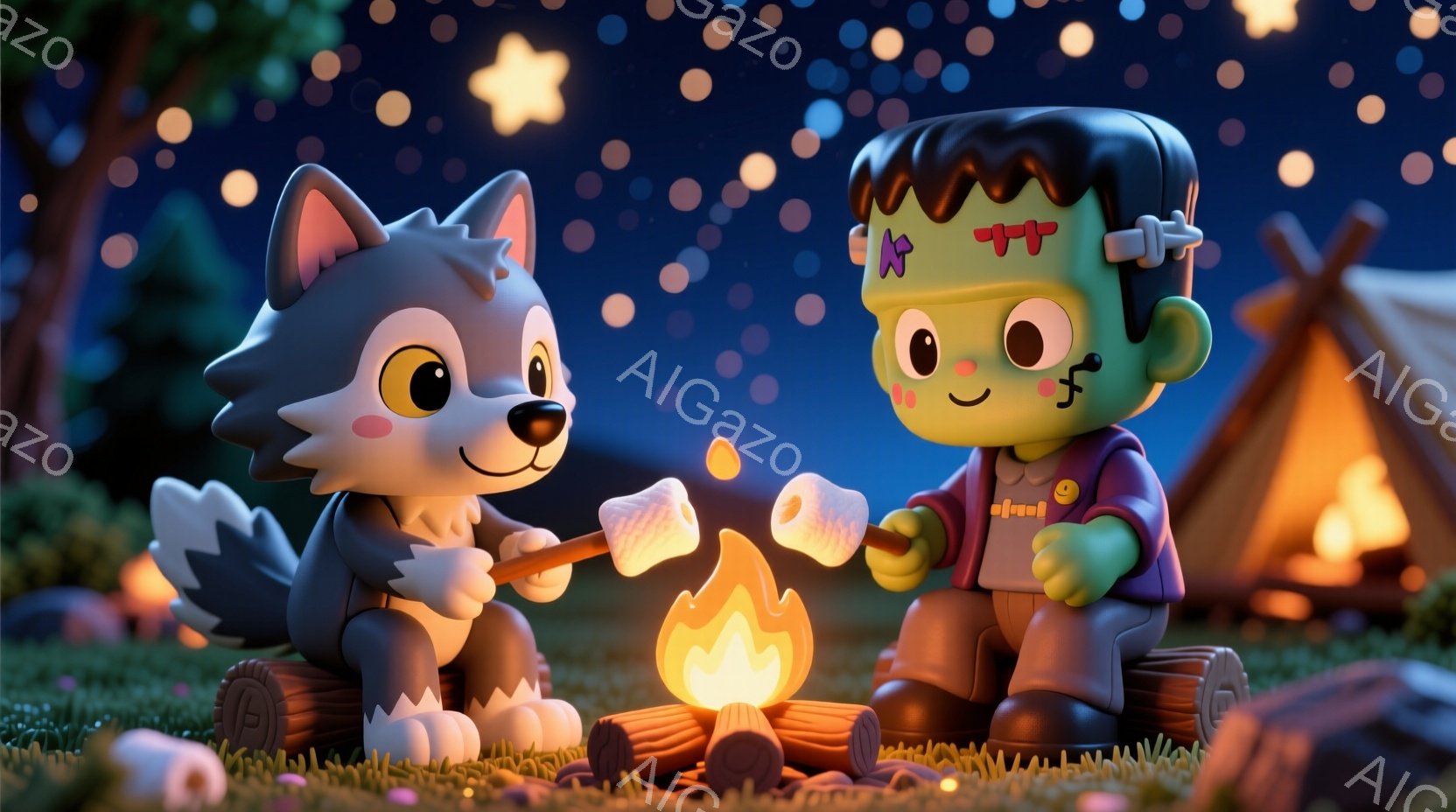可愛らしい狼のキャラクターとフランケンシュタインのキャラクターが、焚き火を囲んでマシュマロを焼いている様子が描かれています。狼は赤いバンダナを首に巻き、フランケンシュタインは緑色の肌にボルトのネックレスを身につけ、楽しそうにマシュマロを刺しています。背景には木々や草が生い茂り、夜空には星が輝き、暖かく穏やかな雰囲気を醸し出しています。