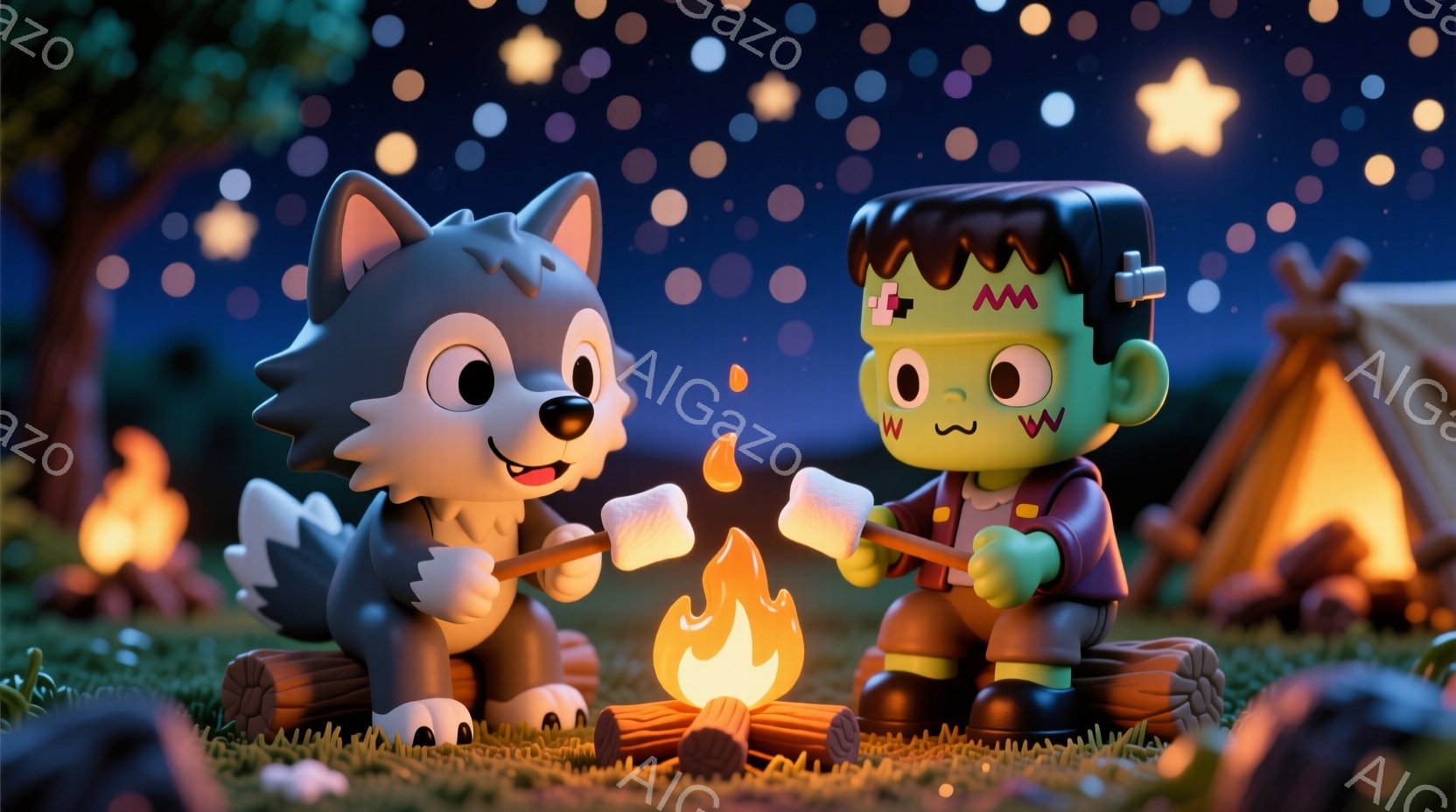 ぬいぐるみのような狼とフランケンシュタインのモンスターが、暖炉のそばでマシュマロを焼いている様子が描かれています。狼は片足を前に出し、笑顔でマシュマロを突き刺し、フランケンシュタインは緑色の肌にボルト - AI生成フリー素材