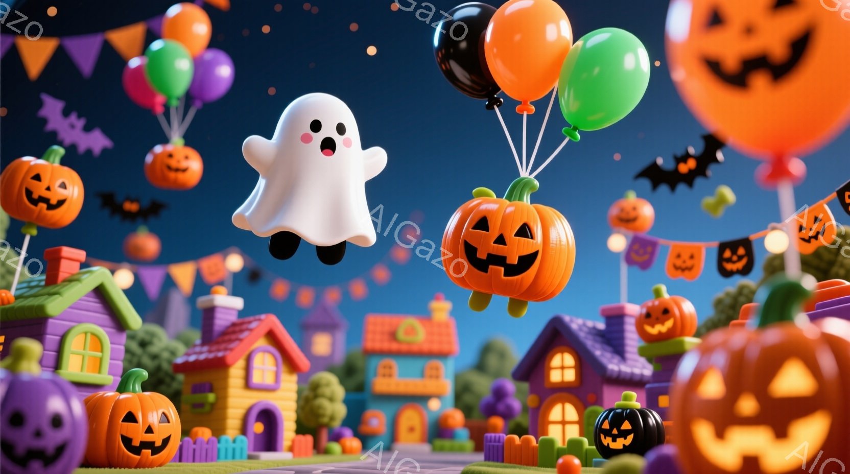 カラフルなハロウィーンの街並みが描かれており、可愛らしいお化けやカボチャのバルーンが空中に浮かんでいます。家々は紫、オレンジ、ピンクなどの鮮やかな色で描かれ、ハロウィーンの飾り付けで賑わっています。全 - AI生成フリー素材