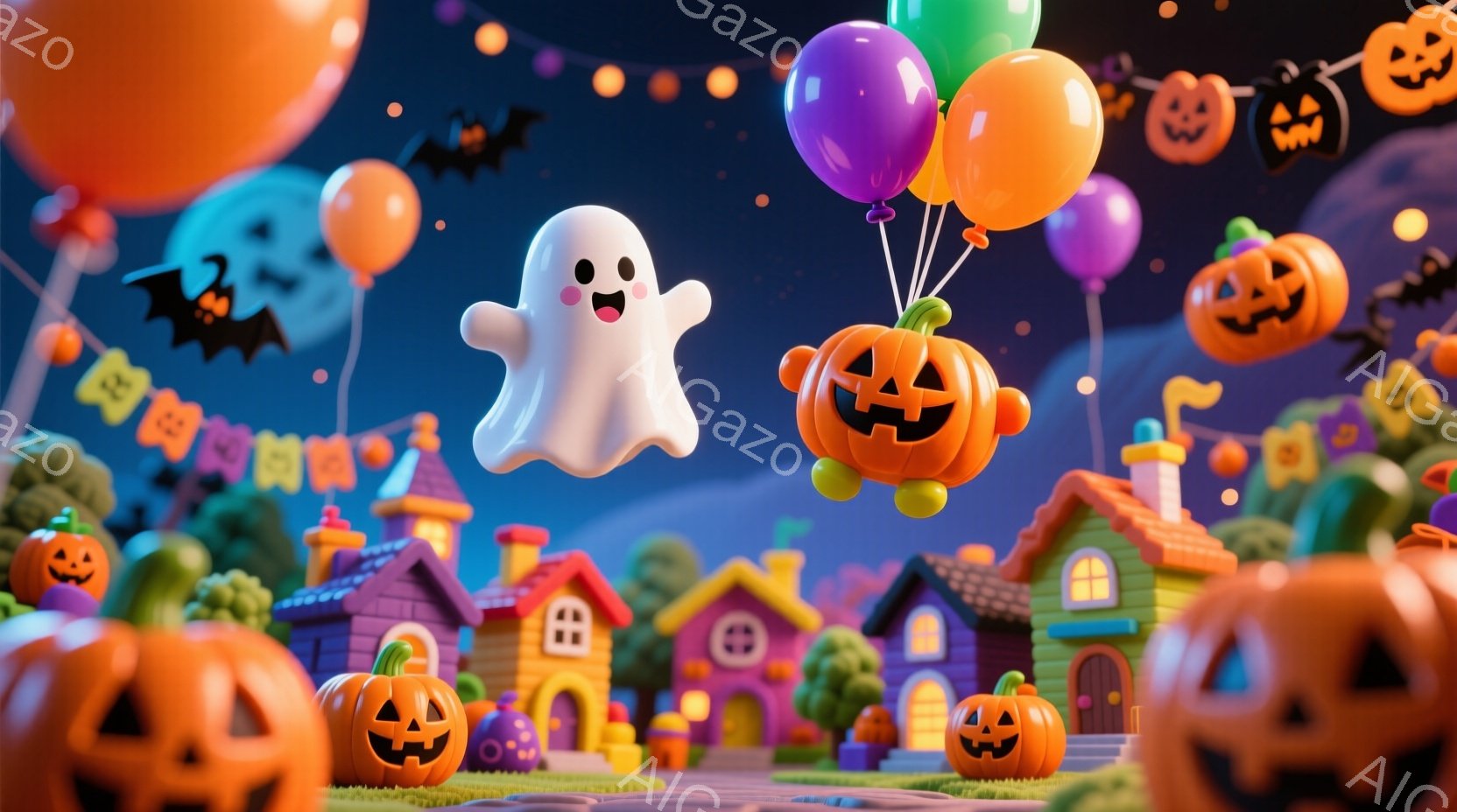 ハロウィーンをテーマにした可愛らしいイラストです。お化けが風船につかまりながら空を飛んでおり、背景にはカラフルで奇抜な家々が並び、ハロウィーンの装飾が施されています。全体的に明るくお祝いの雰囲気で、楽しげなハロウィーンの夜を表しています。