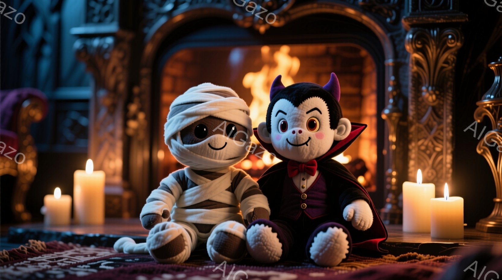 白いミイラ姿のぬいぐるみと、赤い燕尾服を着た吸血鬼のぬいぐるみが、深い赤色の絨毯の上に座っています。背景には、暖炉があり、オレンジ色の炎が灯り、数本の蝋燭が置かれ、ハロウィンの雰囲気を感じさせます。全体的に、暖かく、お祝いムードで、可愛らしいハロウィン装飾が印象的です。