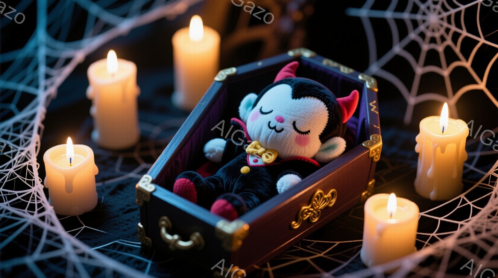 小さなぬいぐるみは、黒いベルベットの衣装に黄色いリボン、そして小さな吸血鬼の角を付けて棺桶の中で眠っています。周りには、ぼんやりと光るキャンドルがいくつか配置され、背景には白い蜘蛛の巣が広がっています。全体的に、ハロウィーンの夜に眠る小さな吸血鬼という、かわいらしく幻想的な雰囲気を醸し出しています。