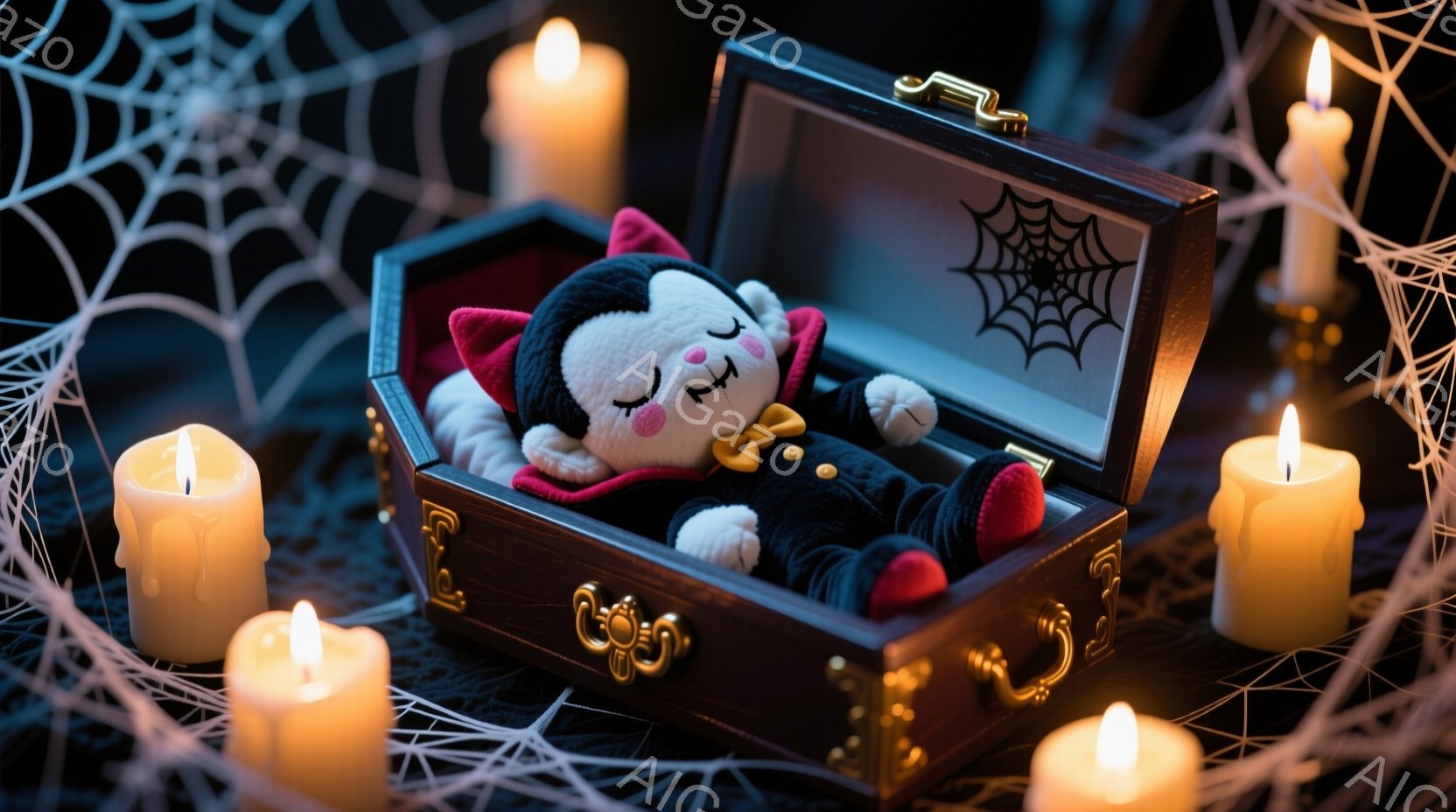 小さな吸血鬼の人形が、赤いベルベットの内張りが施された木製の箱の中で眠っています。人形は黒い服と赤いマントを身につけ、首には黄色いリボンタイを結んでいます。背景には、蜘蛛の巣と点灯した蝋燭が配置され、不気味で幻想的な雰囲気を醸し出しています。