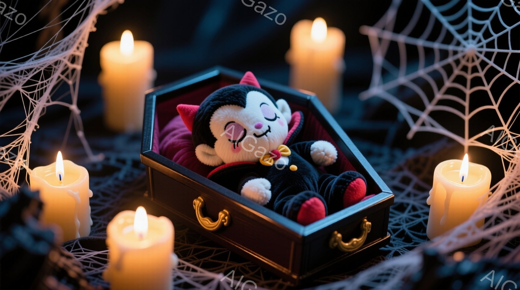 小さなぬいぐるみのお化けが、赤いベルベットのような衣装を着て、黒い棺桶の中に横たわっています。ぬいぐるみの表情は穏やかで、目をつぶって眠っているようです。背景にはキャンドルが灯り、白いクモの巣が広がり、ハロウィーンの不気味な雰囲気を醸し出しています。