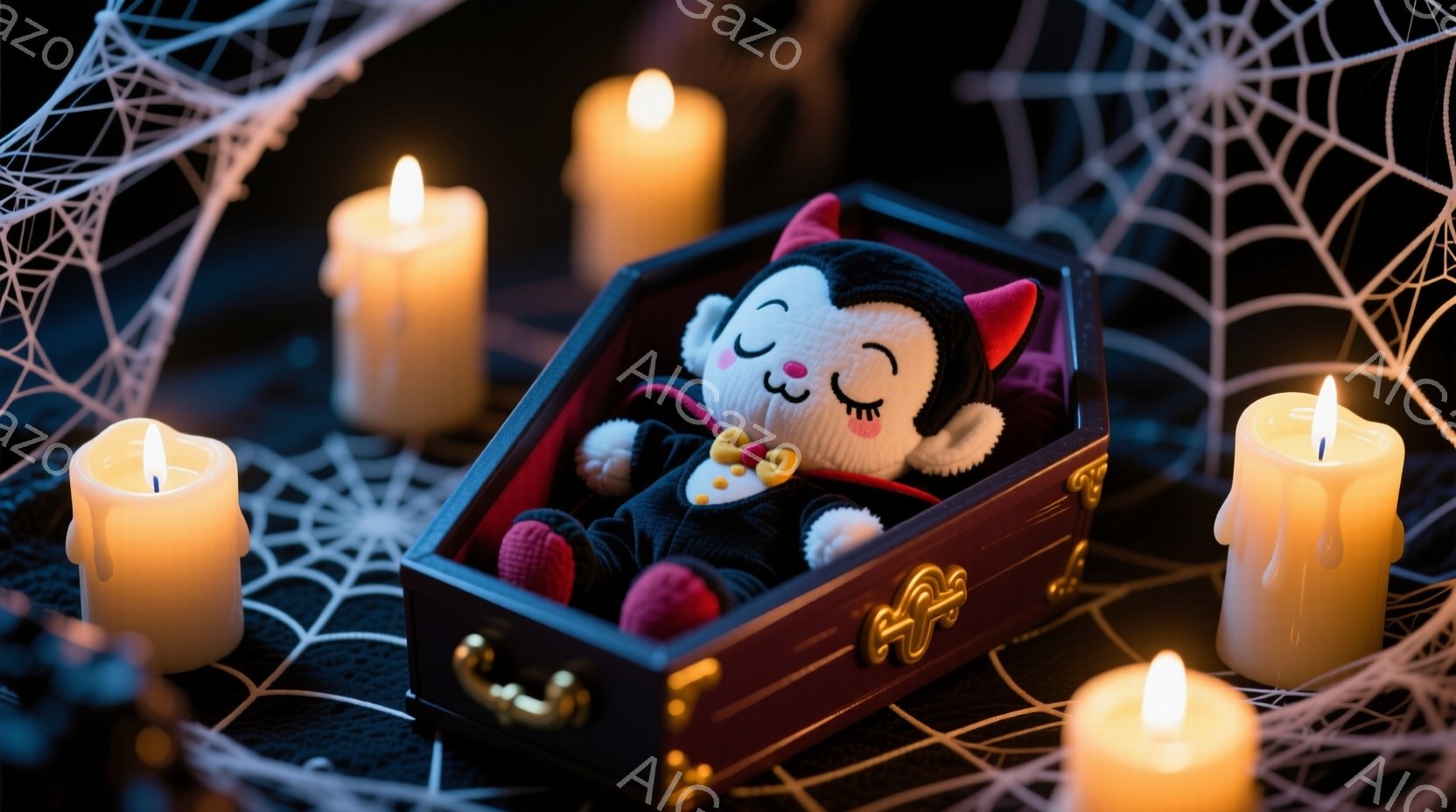 小さな黒いコウモリの着ぐるみを着たぬいぐるみがおもちゃの棺桶の中で眠っています。ぬいぐるみは赤い襟と金色のボタンがついており、閉じた目で穏やかな表情をしています。背景には蜘蛛の巣が張り巡らされ、周りには点灯した蝋燭が置かれ、ハロウィーンの不気味で温かい雰囲気を醸し出しています。