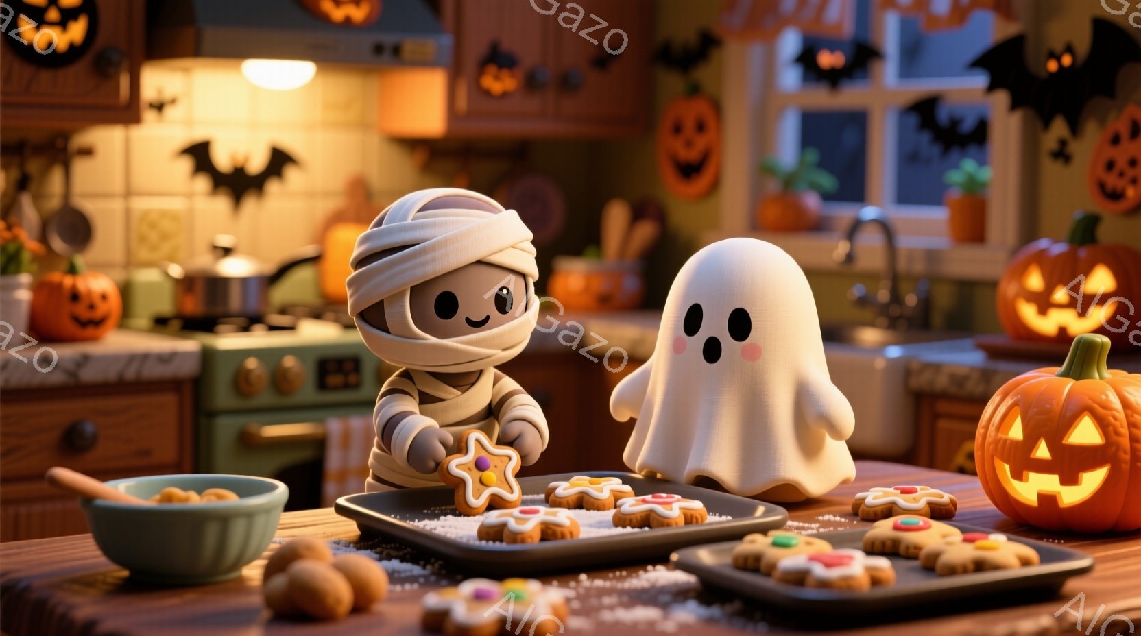 暖炉のそばのキッチンで、ミイラの衣装を着た小さなロボットと幽霊がクッキーを作っています。ロボットは茶色の縁取りのある星形のクッキーにアイシングを施しており、幽霊はロボットの作業を見守っています。背景にはハロウィンの装飾が施されたキッチンがあり、カボチャのランタンやコウモリの飾り、そして暖かい光が漂う雰囲気です。