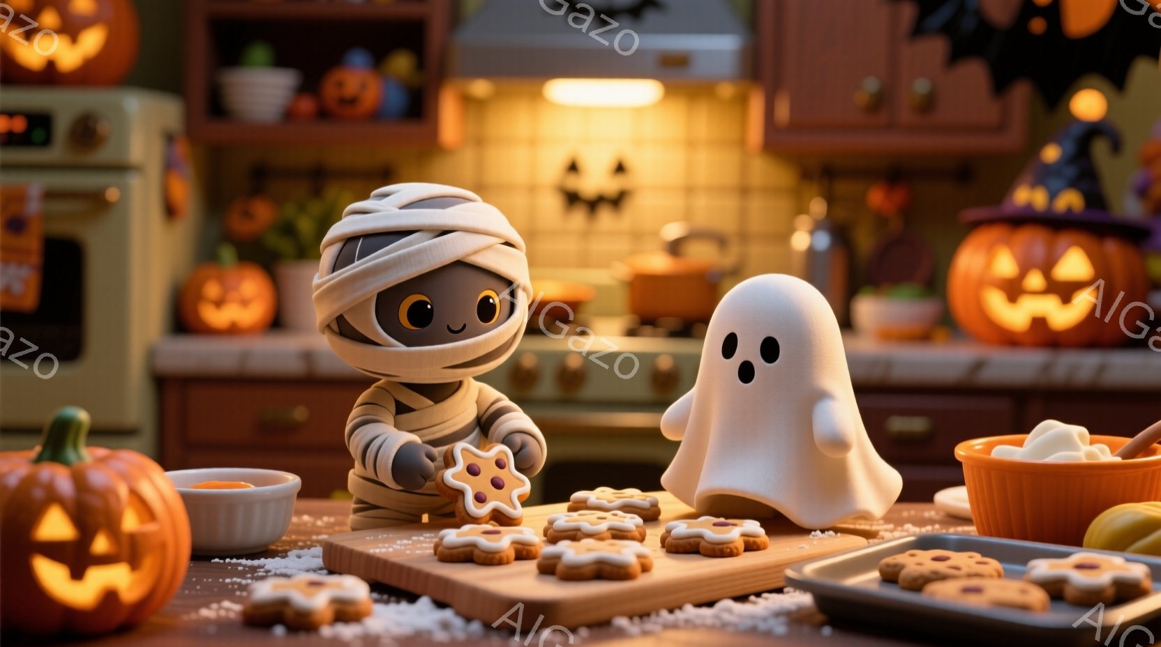 ハロウィンの装飾が施されたキッチンで、ミイラと幽霊のキャラクターがクッキーを作っています。ミイラは白い包帯で覆われ、可愛らしい表情でクッキーを手に持ち、幽霊はふんわりとした白い姿で、ミイラを見つめています。背景には、様々な大きさのジャック・オ・ランタンや、クッキーの入った天板が配置され、温かく、お祝いムードに満ちた雰囲気が漂っています。