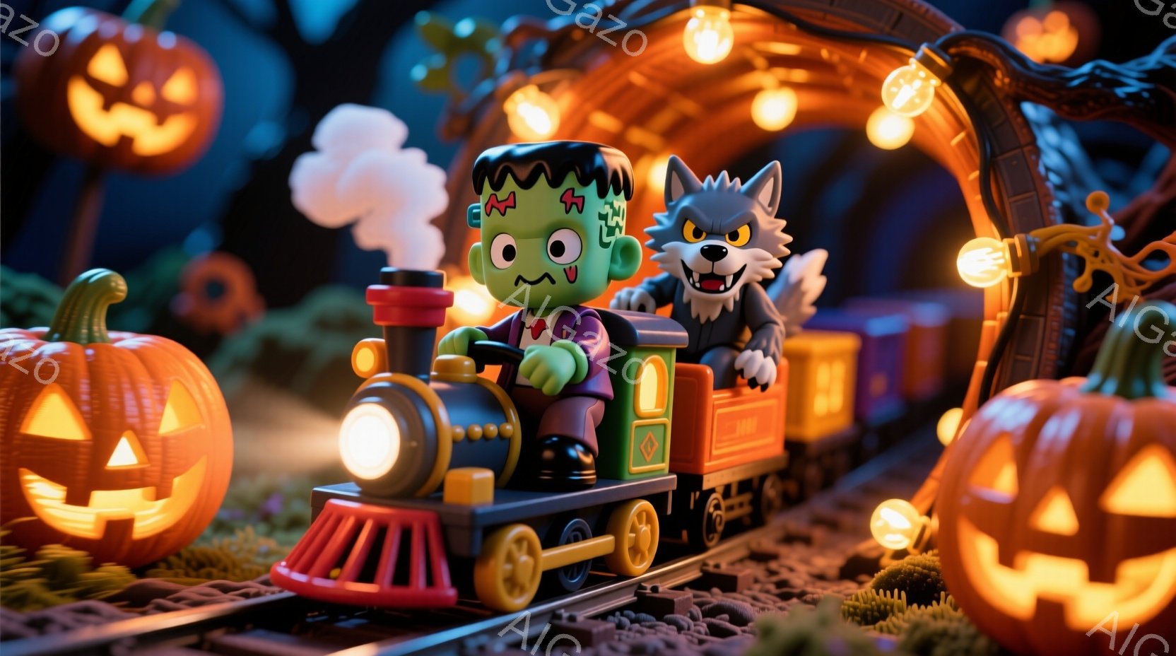 ハロウィーンをテーマにした蒸気機関車が、カボチャのランタンに囲まれて線路を走っている様子が描かれています。緑色のフランケンシュタインのモンスターが機関車の運転席に座り、狼男が後方の車両にちょこんと座っ - AI生成フリー素材