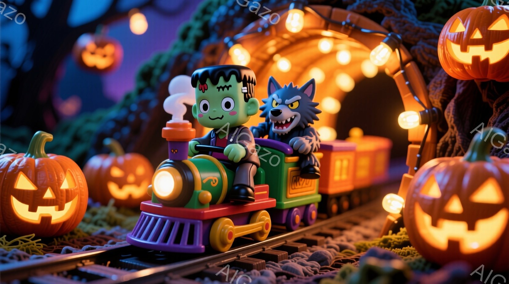 鮮やかな紫と緑の列車が、ハロウィーンの装飾が施された線路を走っている。フランケンシュタインのモンスターとオオカミ男が列車の運転手と乗客として描かれており、楽しそうな表情をしている。背景には、彫刻されたカボチャのランタンが輝き、不気味でありながらも陽気なハロウィーンの雰囲気を醸し出している。