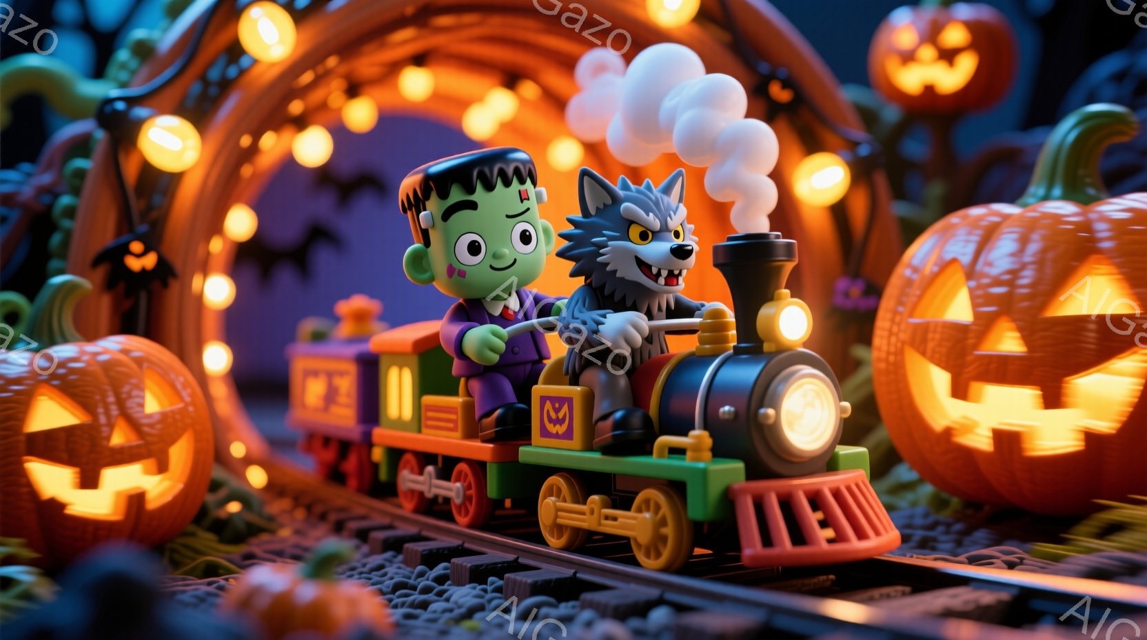 鮮やかなオレンジ色の背景に、ハロウィーンをテーマにした列車が描かれています。フランケンシュタインのモンスターと狼男が列車に乗っており、フランケンシュタインは緑色の肌に黒髪、狼男は灰色の毛並みで、楽しそうに列車を運転しています。背景には、たくさんのジャック・オー・ランタンが並び、列車がトンネルを抜けているような幻想的な雰囲気を醸し出しています。