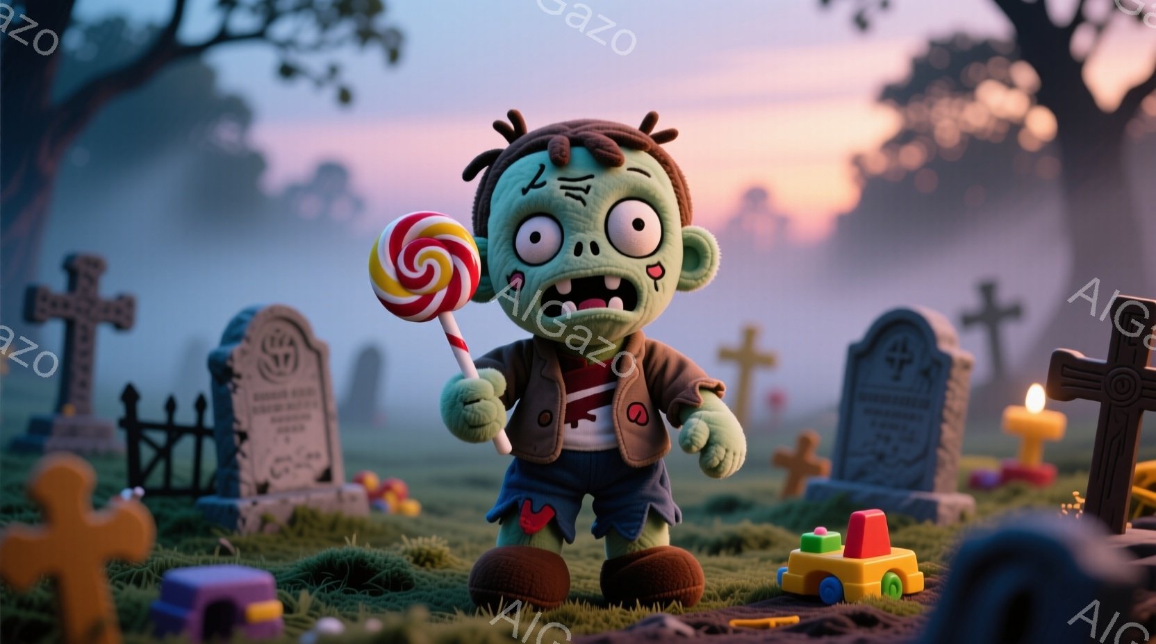 緑色の肌をした、可愛らしいゾンビのおもちゃが、墓地の真ん中に立っています。赤い縞模様のシャツと茶色のズボンを着ており、大きな目を光らせ、棒付きキャンディーを嬉しそうに持っています。背景には、墓石や小さなプラスチックのおもちゃが散らばっており、薄暗い空と緑の草が、少し不気味ながらも遊び心のある雰囲気を醸し出しています。