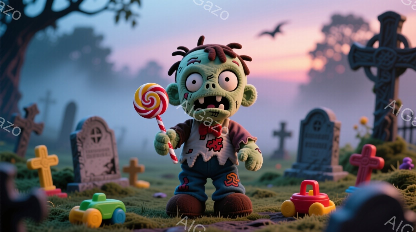緑色の肌をした、少し不気味だけど可愛らしいゾンビが、キャンディを持って立っています。彼は破れた服を着ており、髪はボサボサで、表情は少し驚いたようです。背景には墓石や遊園地の遊具が点在し、霧がかかった不気味な雰囲気の中に、どこかおもちゃのような可愛らしさが混ざっています。