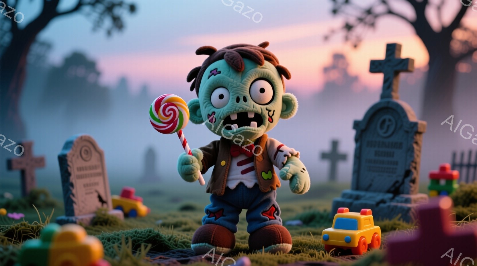 緑色のゾンビのようなキャラクターが、おもちゃの墓地の前に立っている。彼は、擦り切れたベスト、赤い蝶ネクタイ、青いズボンを身に着けており、片手にキャンディを持っている。背景には、おもちゃの車、ブロック、霧のかかった木々があり、少し不気味だが陽気な雰囲気を醸し出している。