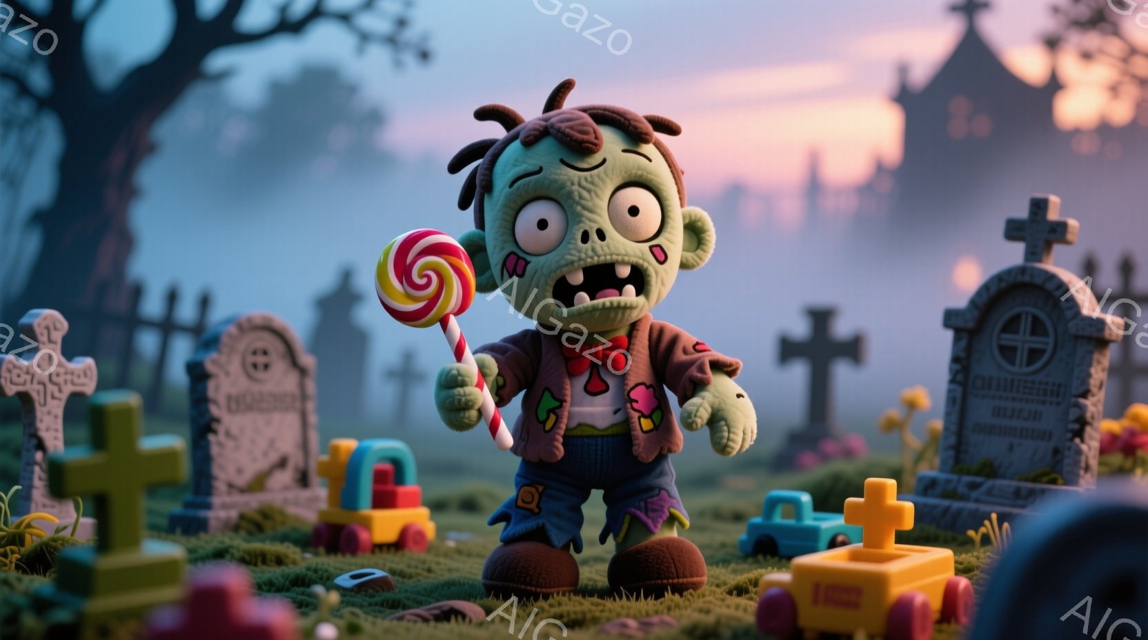 緑色のゾンビのようなキャラクターが、おもちゃのような墓石が並ぶ墓地で立っている。彼はボロボロのジャケット、ジーンズ、片方の靴を履いており、手にキャンディを持っている。背景には、薄暗い空の下、おもちゃの建物と植物が見え、少し不気味でありながらも遊び心のある雰囲気を醸し出している。