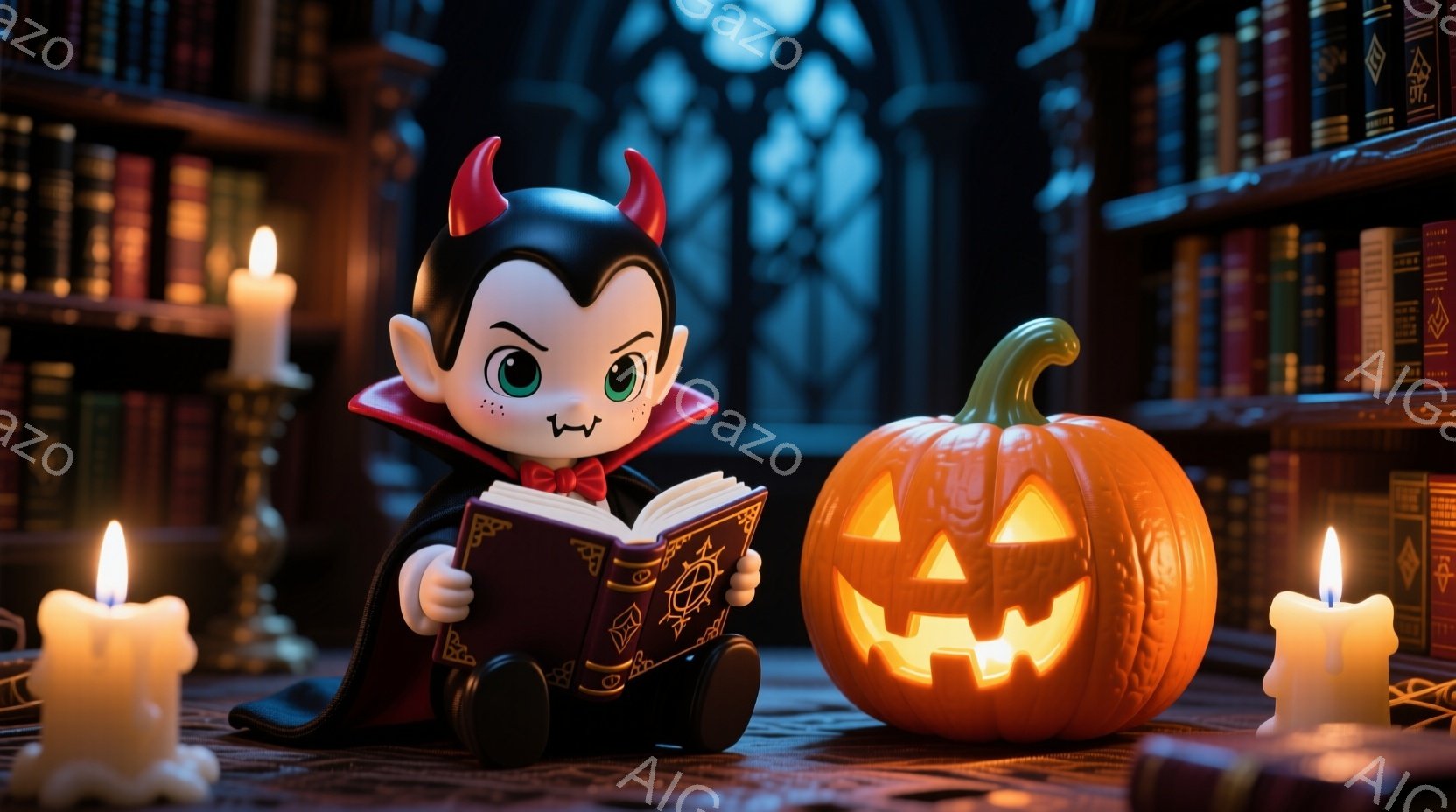 小さなヴァンパイアが赤い角と黒いマントを身につけ、大きな本を熱心に読んでいる。周りには、点灯したキャンドルとハロウィーンのジャック・オ・ランタンが置かれ、背景には本棚が並んでいる。 全体的に、神秘的で趣のあるハロウィーンの雰囲気が漂っている。