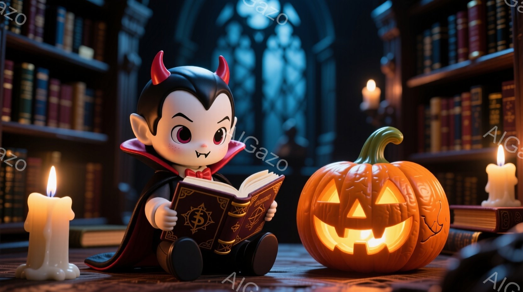 小さな吸血鬼が、魔法の本を熱心に読んでいる様子が描かれています。赤いマントと、特徴的な髪型、そして本のページに集中した真剣な表情が可愛らしいです。背景には古書が並んだ本棚と、ハロウィーンらしいカボチャが置かれ、薄暗い室内でロウソクの光が幻想的な雰囲気を醸し出しています。