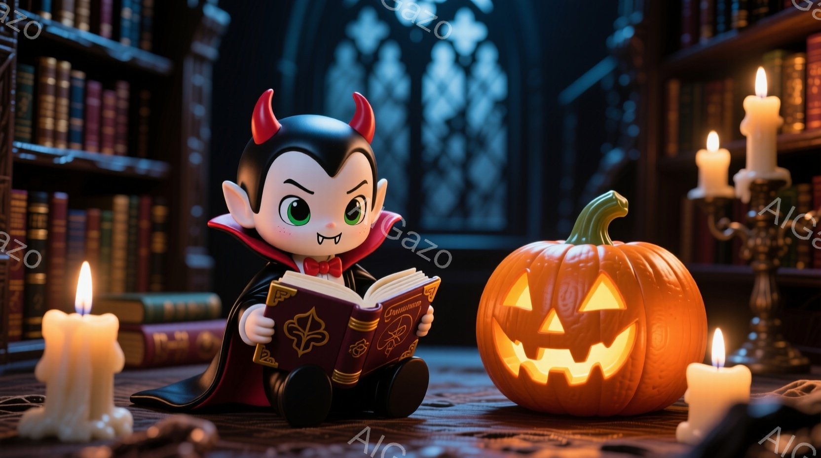 小さなヴァンパイアが赤いローブと黒いスーツを着て、本を熱心に読んでいる。背景には、たくさんの本が並んだ本棚と、暗い中庭の窓があり、カボチャのランタンと蝋燭が周囲を照らしている。全体的に、ハロウィーンの夜の神秘的で趣のある雰囲気が漂っている。