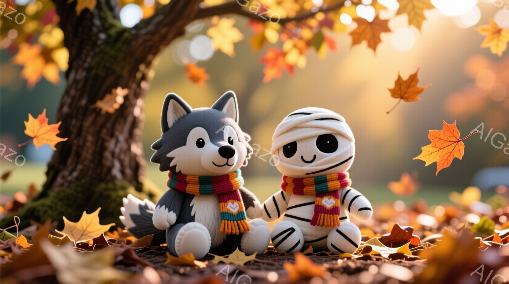 灰色の毛並みの犬とミイラ姿のキャラクターが、鮮やかなストライプの長いマフラーを巻いて寄り添って座っています。背景には落ち葉が敷き詰められた地面と、ぼやけた秋の風景が広がり、暖かく優しい雰囲気を醸し出し - AI生成フリー素材