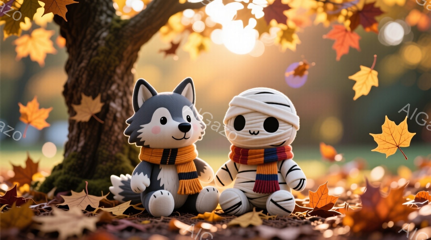 灰色の狼とミイラのぬいぐるみのようなキャラクターが、木の根元でお互いに寄り添って座っています。両者ともオレンジと黒のストライプの暖かいスカーフを巻いており、狼は微笑んでおり、ミイラは可愛らしい表情をし - AI生成フリー素材