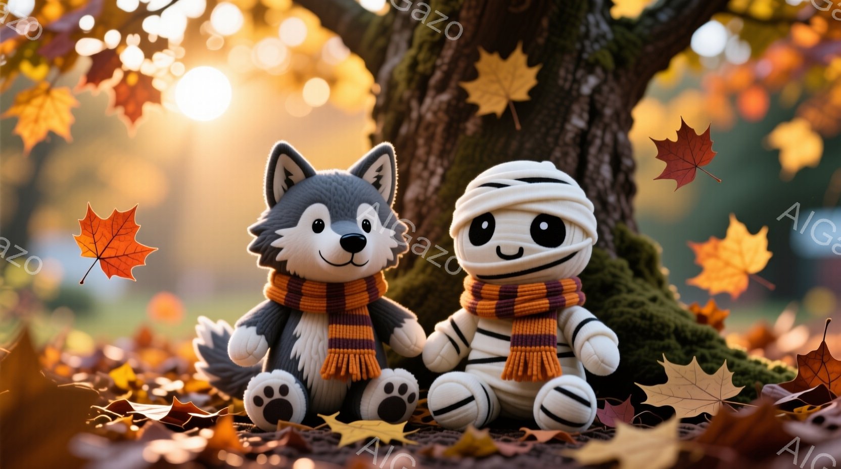 オオカミのぬいぐるみとミイラのぬいぐるみが、木の根元で寄り添って座っています。どちらもオレンジと茶色のフリンジ付きの暖かいスカーフを巻いており、穏やかで幸せそうな表情をしています。背景は秋の紅葉に覆わ - AI生成フリー素材