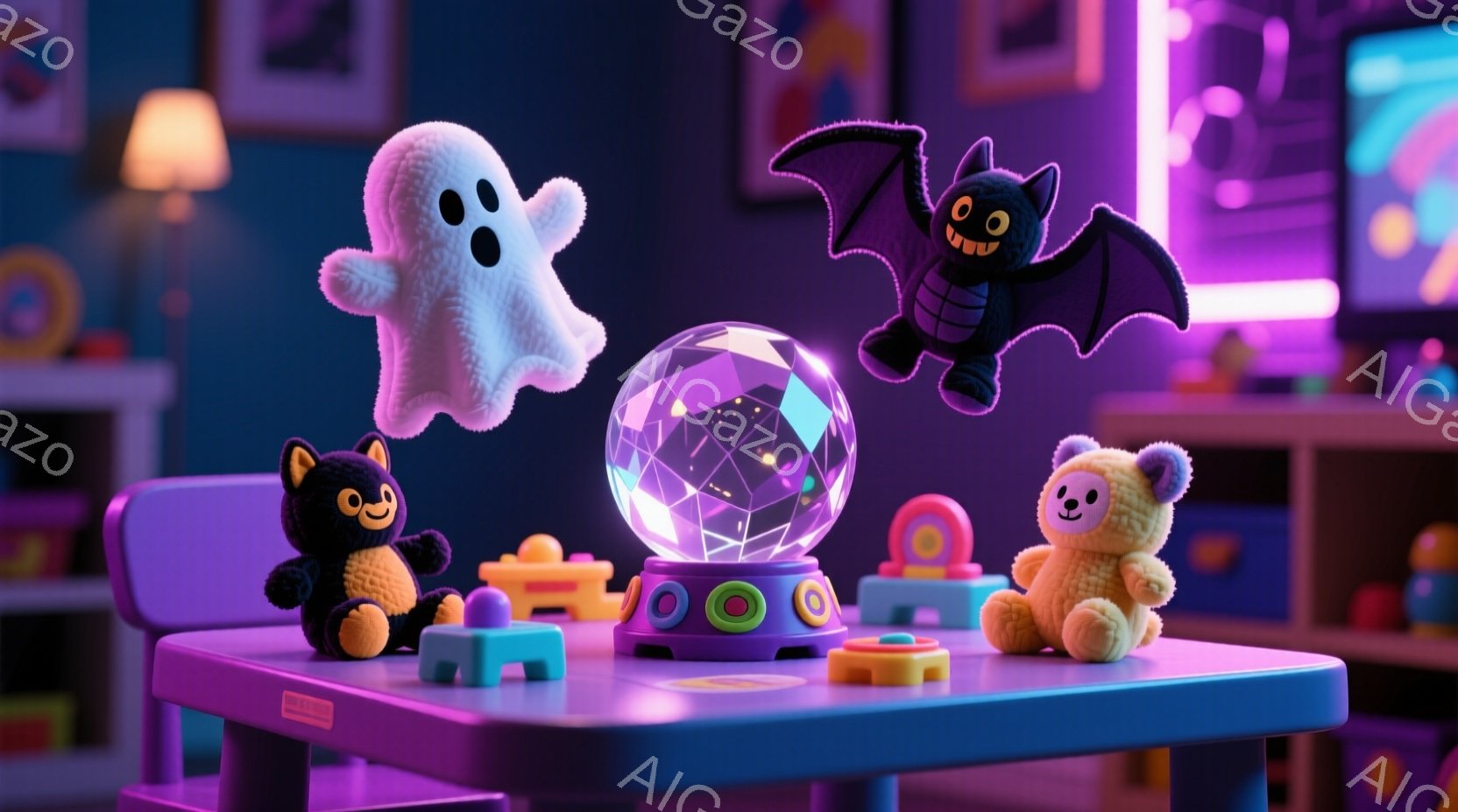 明るい紫色の子供用テーブルの上に、ハロウィーンの装飾が並んでいます。ふわふわの幽霊、笑顔のコウモリのぬいぐるみ、そして可愛らしい熊のぬいぐるみが、カラフルな積み木や光るクリスタルボールと共に配置されています。背景には、おもちゃでいっぱいの棚と、薄暗い部屋の様子が見え、全体的に遊び心のある、お祝いの雰囲気を醸し出しています。